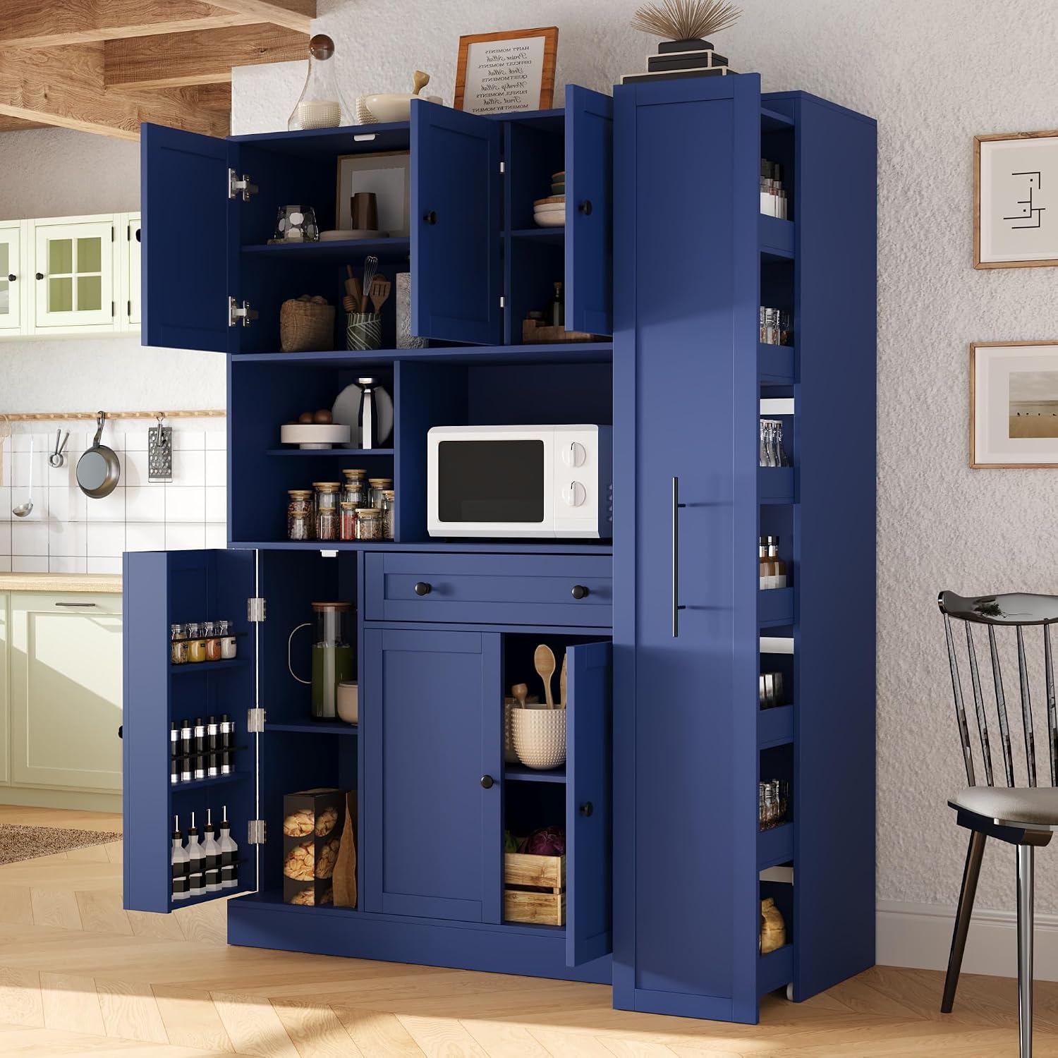 Modern 70inch Kitchen Pantry Storage Cabinet Cupboard with Hutch, Freestanding Buffet with Pull-Out Side Cabinet and Drawer for Living Room, Kitchen