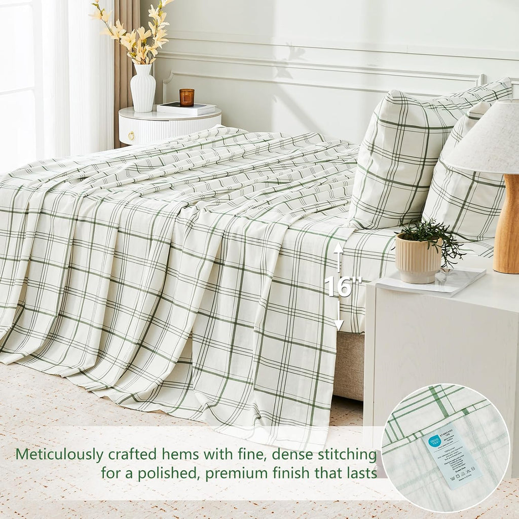 MEISHANG 100% French Pure Linen Sheets King Size - Bed Sheets 4 Piece Sets, Soft Durable Flax Linen, Anti-Tear Breathable Moisture Wicking with 16' Deep Pocket (Green Plaid)