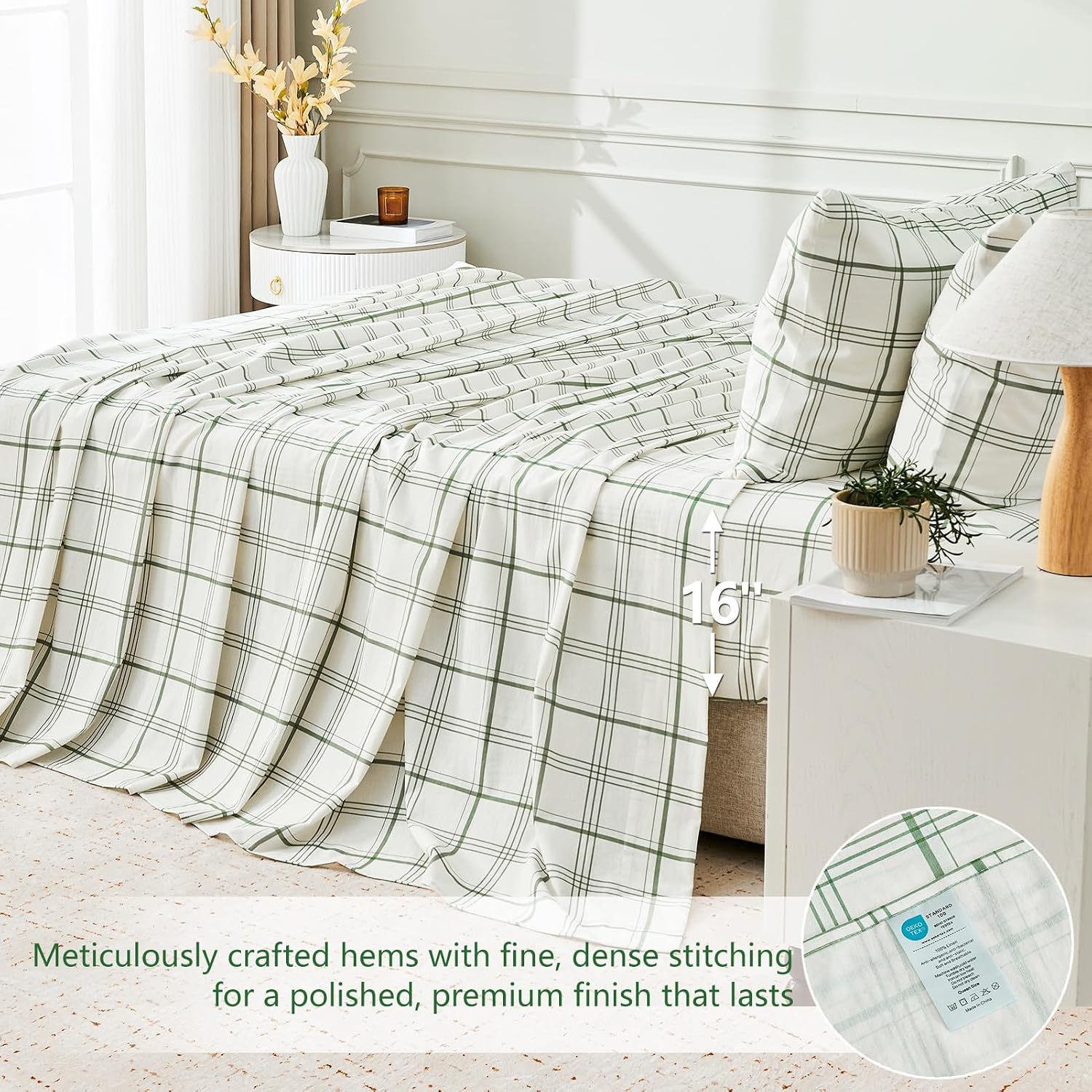 MEISHANG 100% French Pure Linen Sheets King Size - Bed Sheets 4 Piece Sets, Soft Durable Flax Linen, Anti-Tear Breathable Moisture Wicking with 16' Deep Pocket (Green Plaid)