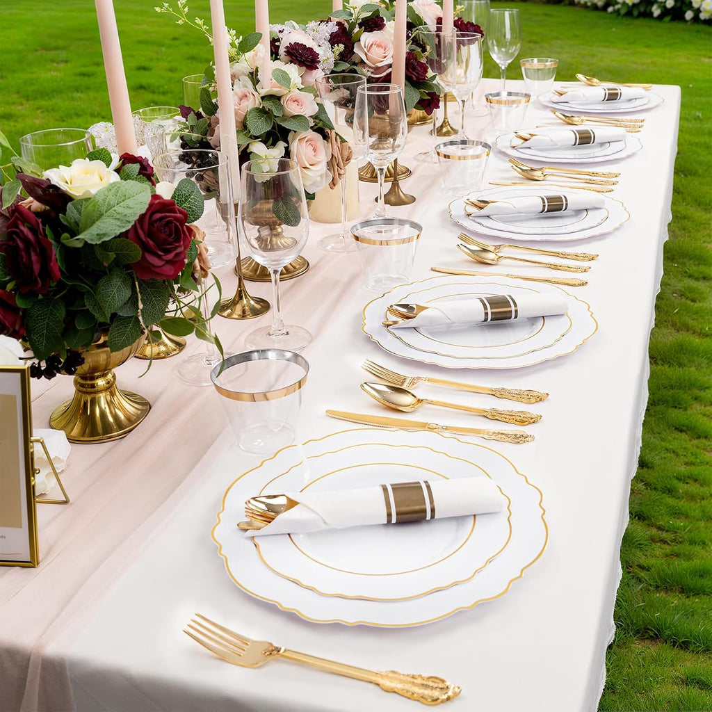 Liacere 700PCS Gold Plastic Plates - Baroque Dinnerware Sets for 100 Guests - 200 Disposable Plates（10inch，7inch）, 300 Gold Plastic Silverware, 100 Cups, 100 Napkins for Wedding & Easter Day