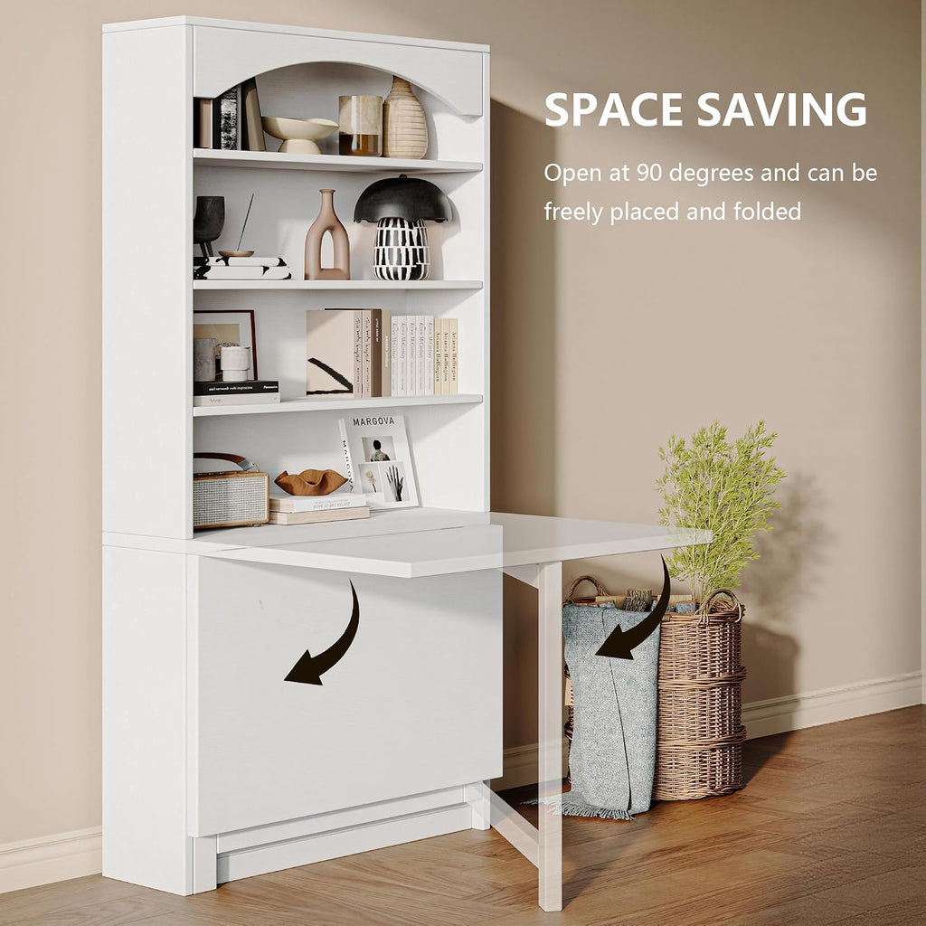 Einhomn Folding Desk with Storage, Space-Saving Foldable Convertible Writing Table, Wall Mount Fold Out Computer Desk for Home Office, Craft Room, Living Room, Bedroom, White