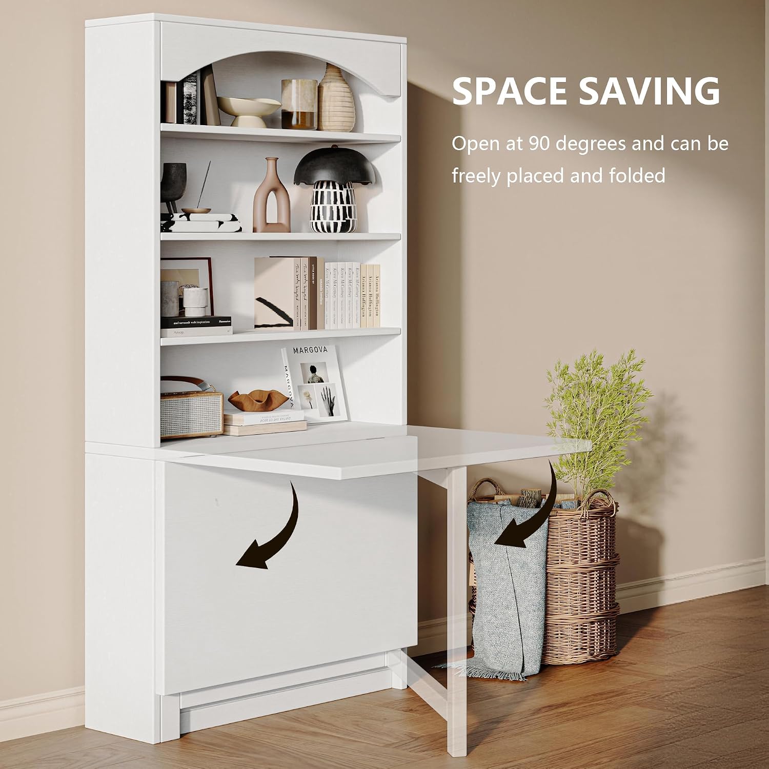 Einhomn Folding Desk with Storage, Space-Saving Foldable Convertible Writing Table, Wall Mount Fold Out Computer Desk for Home Office, Craft Room, Living Room, Bedroom, White
