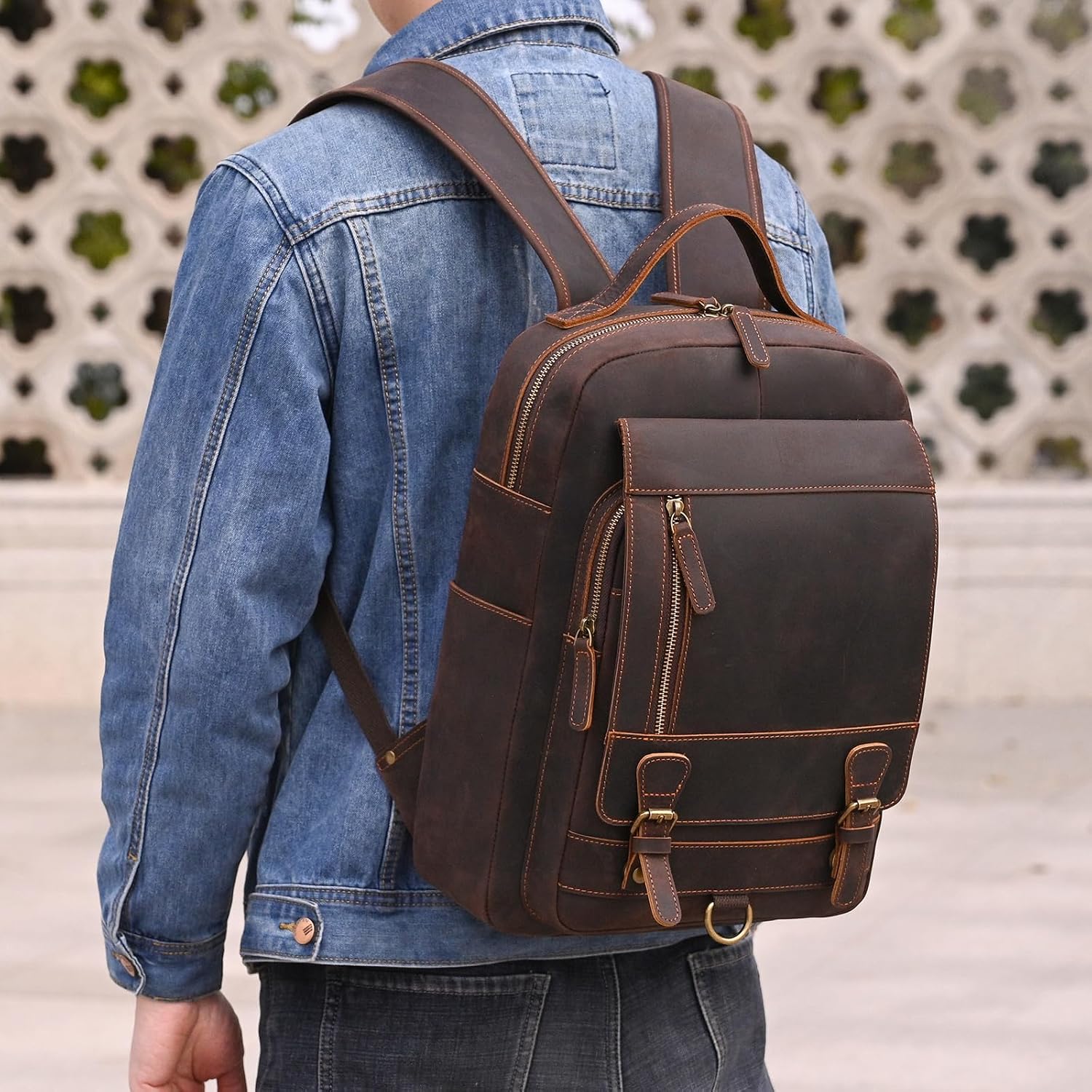 Vintage Full Grain Leather Backpack for Men, 16' Laptop Rucksack For Men Hiking Trave Work Business Bag, 1829 Dark Brown