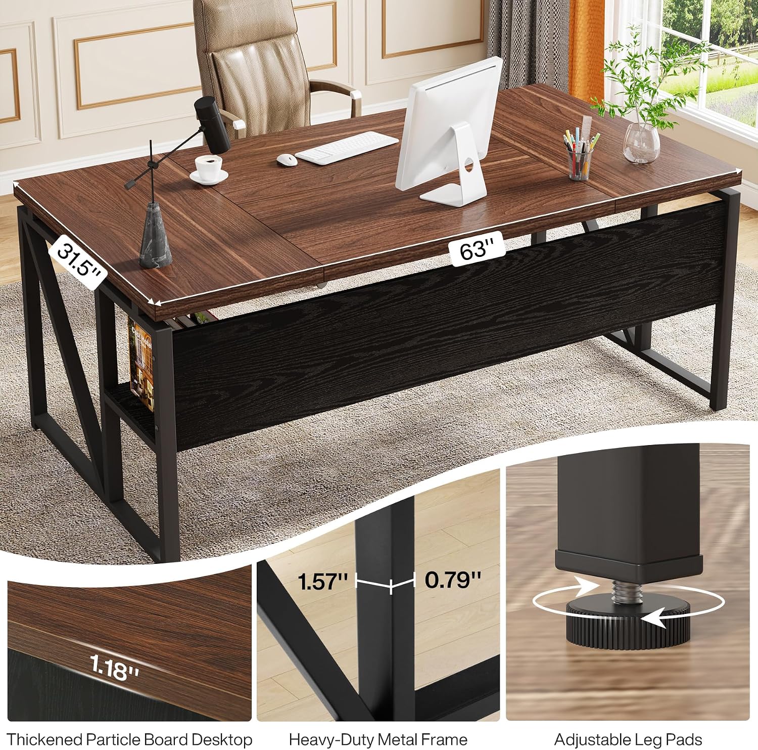 Tribesigns 63 inches Computer Desk with Bottom Storage Shelf Home Office Desk Writing Table for Workstation, Dark Walnut + Steel Leg, Cabinet not Included (Dark Brown, 63-inch-with-Shelf)
