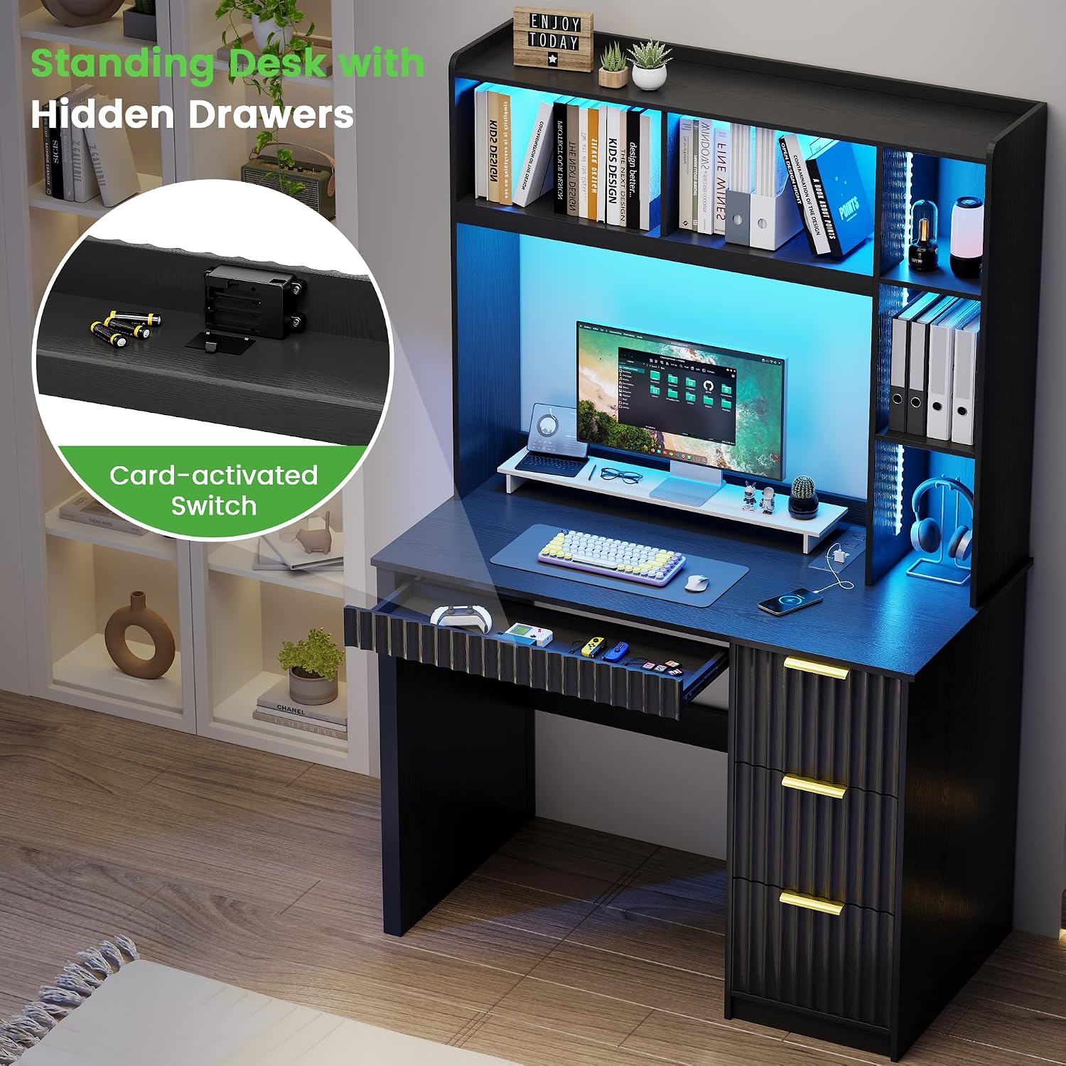 WOOVIVS Home Office Desk with Hutch & LED Lights - 39' Computer Desk with Charging Station, 3 Large Drawers, Hidden Compartment & Fluted Panel Design,Black Writing Desk for Bedroom, Study