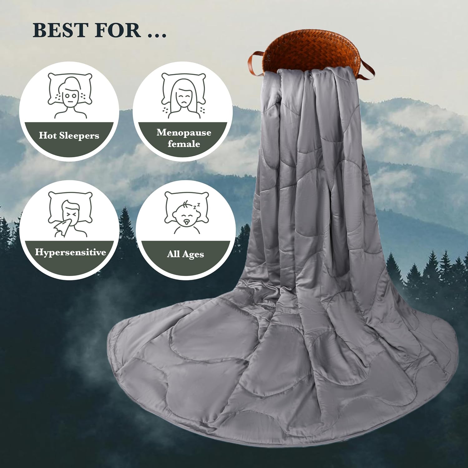 Silk Comforter Queen Size | 100% Mulberry Silk Fill with Organic Bamboo Viscose Shell | Summer Cooling Blanket for Hot Sleepers, Lightweight Breathable All-Season Bedding (Ice Grey, 90'x90')