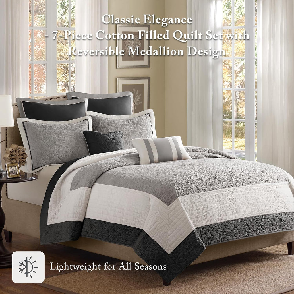Madison Park Attingham Reversible Quilt Set - All Season Breathable Coverlet, Lightweight Cozy Bedding Layers, Matching Shams, Full/Queen(90'x90'), Black Multi 7 Piece
