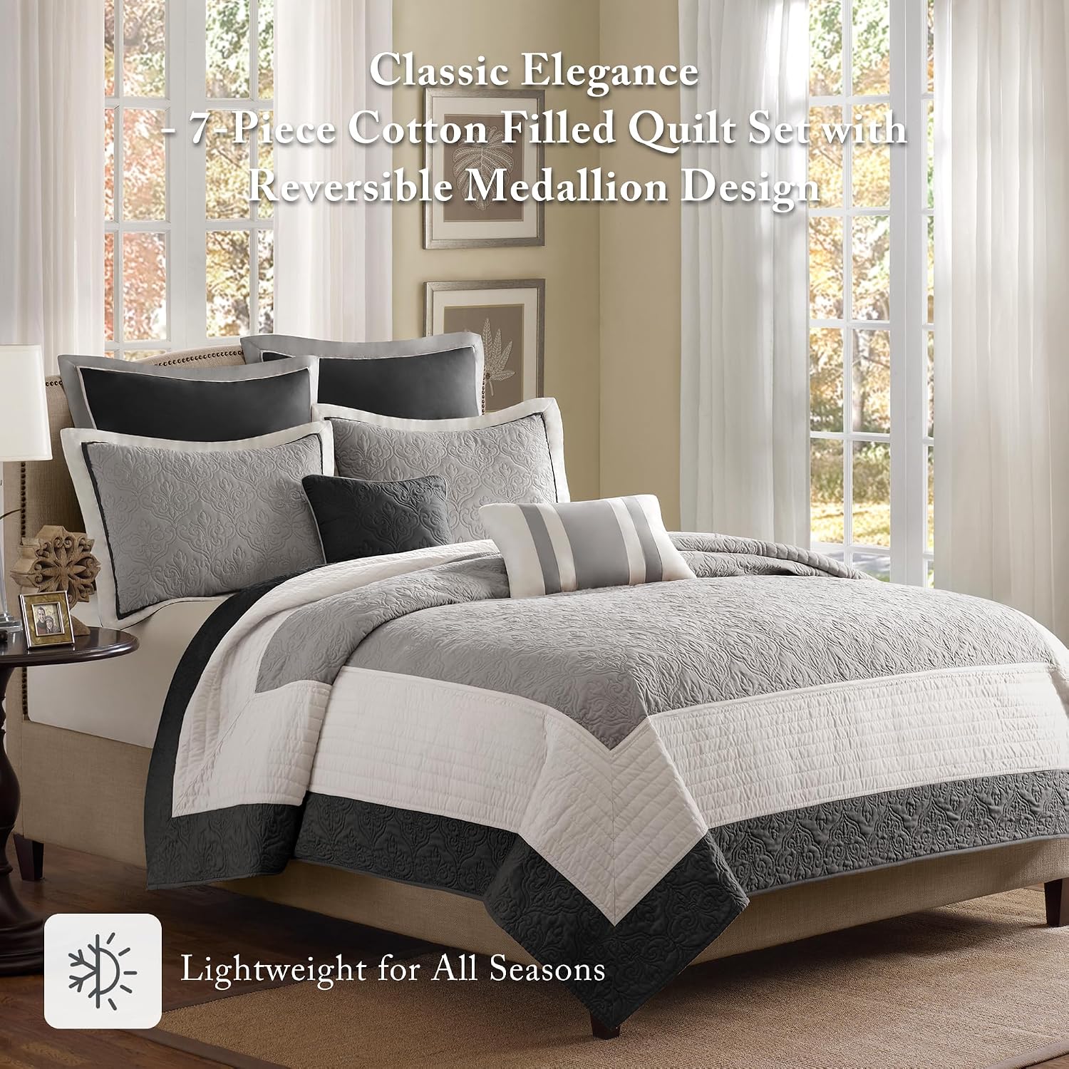 Madison Park Attingham Reversible Quilt Set - All Season Breathable Coverlet, Lightweight Cozy Bedding Layers, Matching Shams, Full/Queen(90'x90'), Black Multi 7 Piece