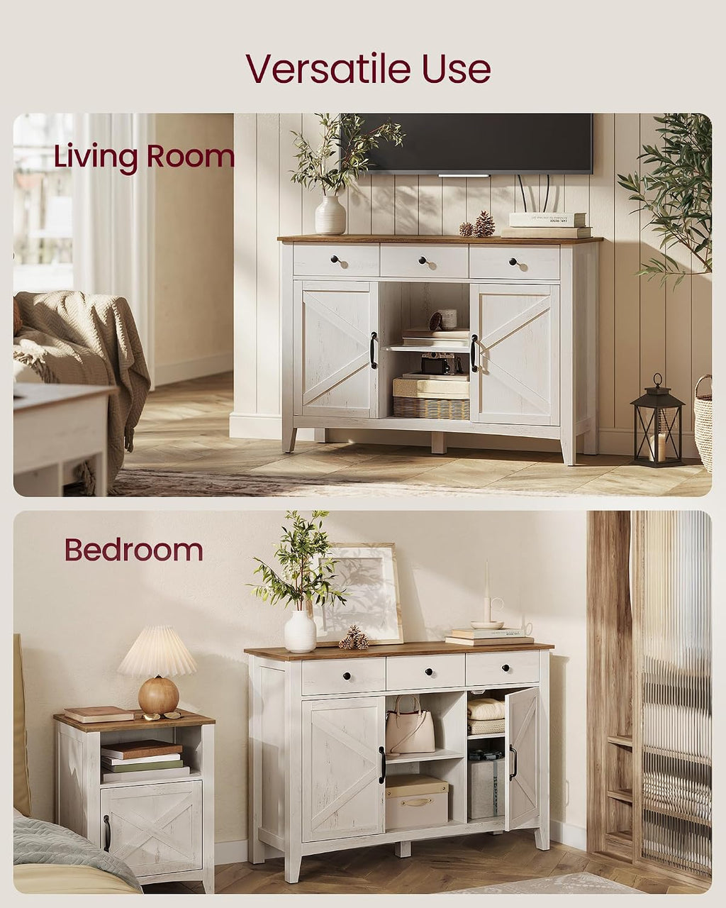 VASAGLE LIRY Collection - Buffet Cabinet, Coffee Bar Cabinet with 3 Drawers, Adjustable Shelves, Sideboard Storage with Cable Holes, Drawer Dividers, Rustic White and Honey Brown UBBK371W01V1