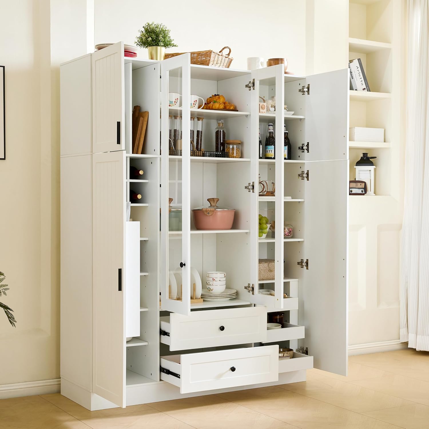 Modern Large Kitchen Pantry with 6 Doors, 53.2''Lx17.7''W Wood Storage Cabinet Cupboard with Drawers, Adjustable Shelves, Pull-Out Trays and Wine Rack for Dining Room (White-4.19)
