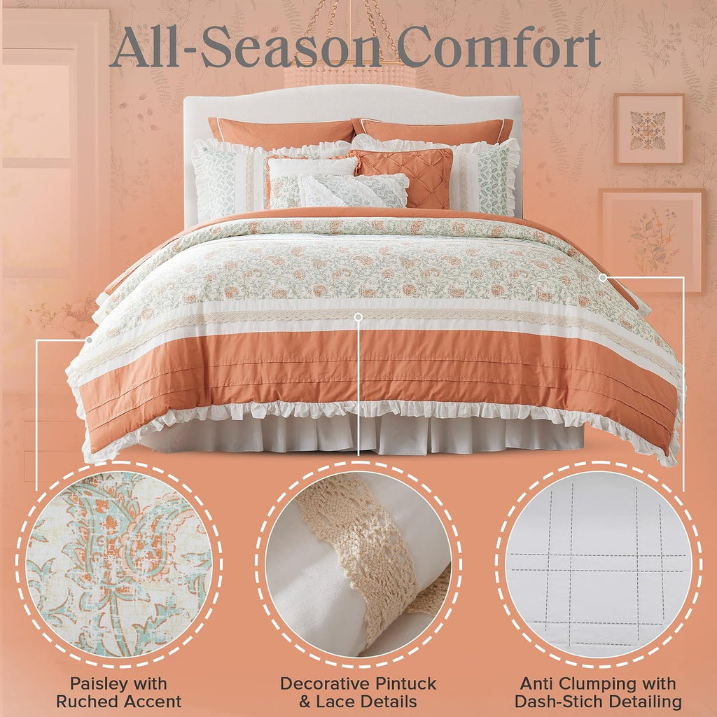 Madison Park Dawn 100% Cotton Shabby Chic Comforter Set-Modern Cottage Design All Season Down Alternative Bedding, Matching Shams, Bedskirt, Decorative Pillows, Cal King(104'x92'), Coral 9 Piece