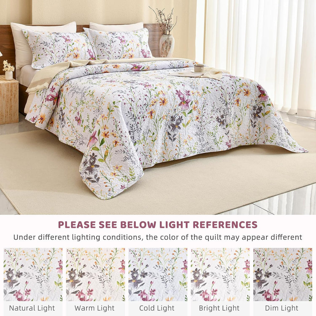 Sanracie Oversized King Bedspread(120'x120'),100% Cotton Floral Quilt Set 3Pcs Soft Lightweight Yellow Wild Flower Botanical Printed Pattern Oversized King Quilt Bedding Coverlet for All Seasons