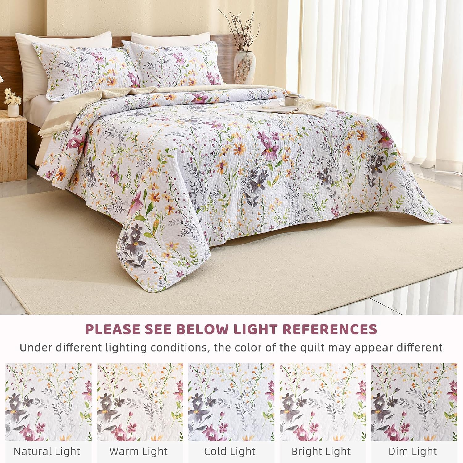 Sanracie Oversized King Bedspread(120'x120'),100% Cotton Floral Quilt Set 3Pcs Soft Lightweight Yellow Wild Flower Botanical Printed Pattern Oversized King Quilt Bedding Coverlet for All Seasons