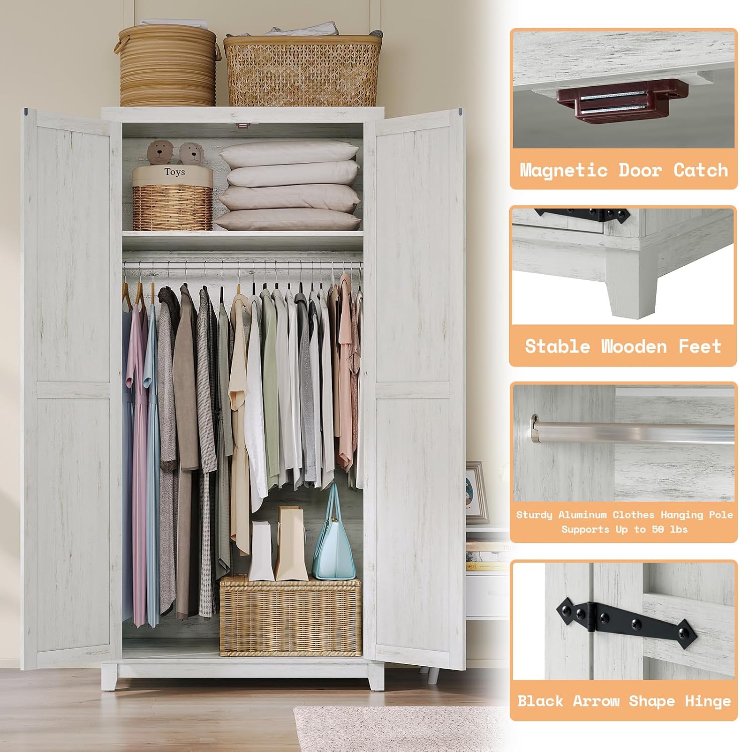 LUXOAK 70' Large Armoire Wardrobe Closet with Hanging Rod, Farmhouse Clothing Storage Cabinet with 2 Barn Doors, Wooden Tall Bedroom Armoires with Shelf, Distressed White