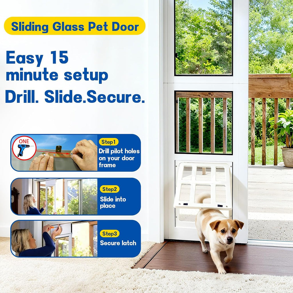 CypherX Dog Door for Sliding Glass Doors, Large Pet Door with Tempered Glass and Heavy-Duty Aluminum Frame, 91' to 96' Adjustable Height Doggy Door with Lockable Acrylic Flap, Easy to Install