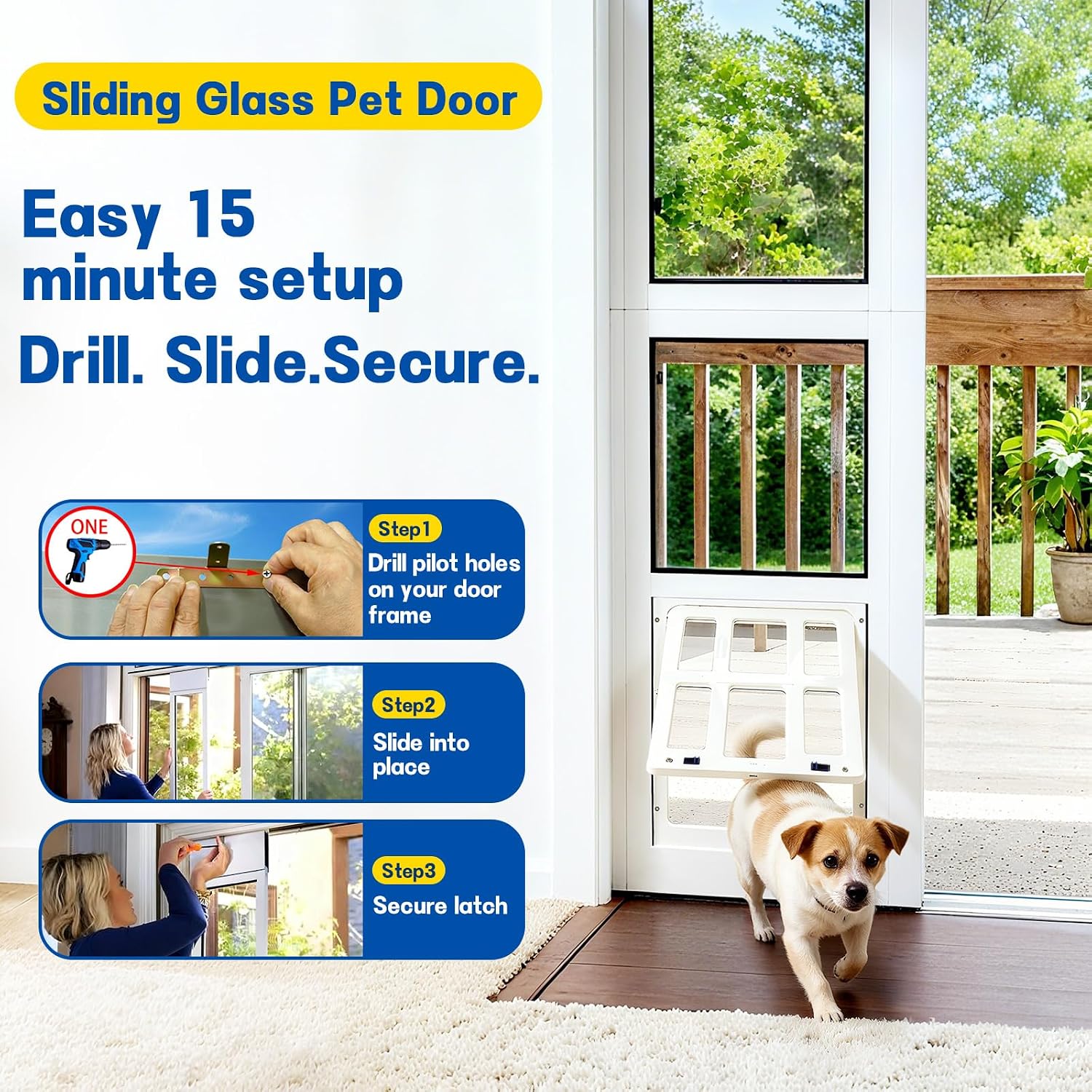 CypherX Dog Door for Sliding Glass Doors, Large Pet Door with Tempered Glass and Heavy-Duty Aluminum Frame, 91' to 96' Adjustable Height Doggy Door with Lockable Acrylic Flap, Easy to Install