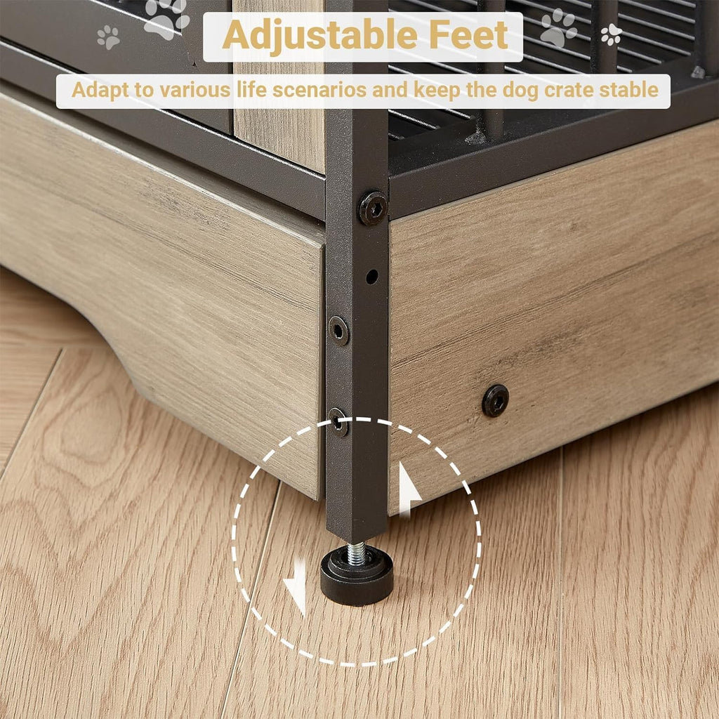 Rovibek 75' Double Dog Crate Furniture for 2 Large Dogs, Heavy Duty Furniture Style Dog Kennel End Table, Wood Crates for Dogs Kennel Indoor Double Door, Grey