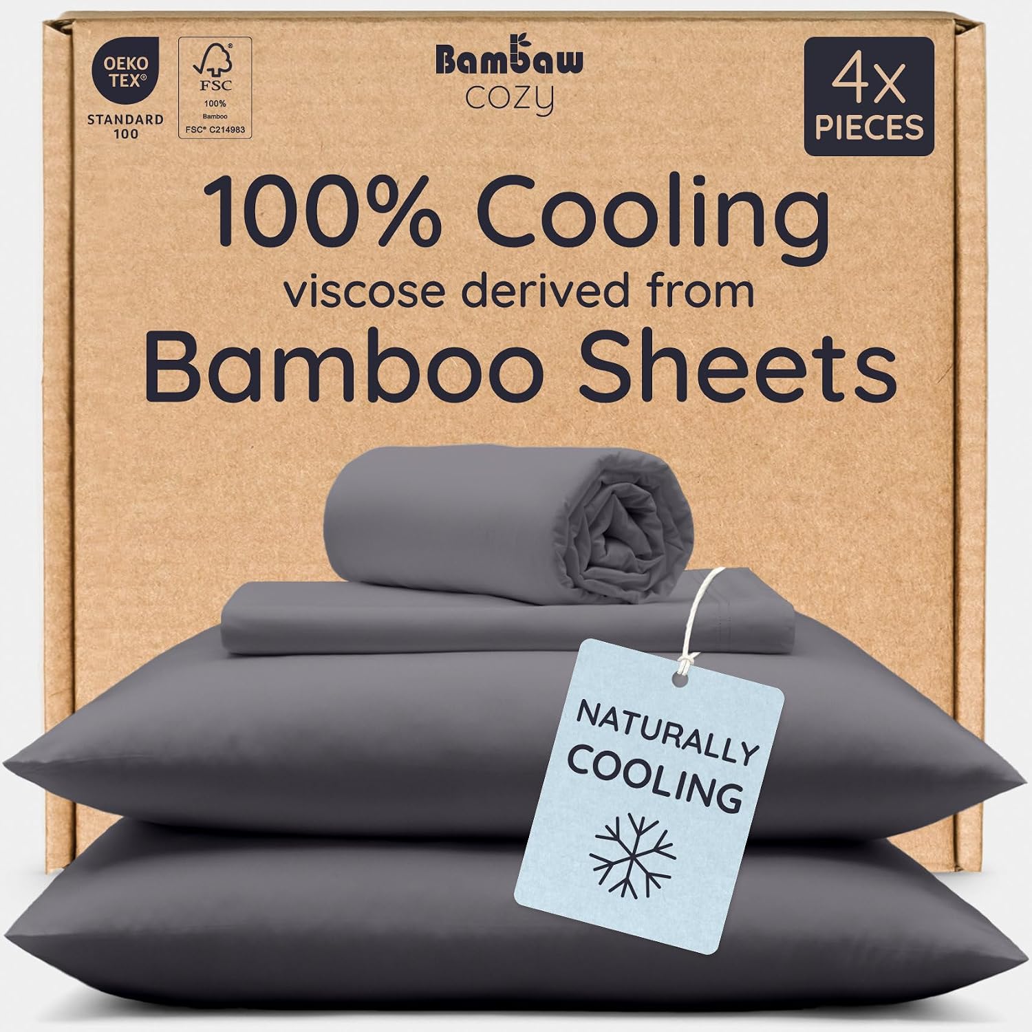 Bambaw California King Cooling Sheets Set 4pcs – 100% Viscose Derived from Bamboo Sheets Extra Deep Pockets, Soft & Breathable Bedding Set, Fits Up to 16'' with Elastic Corner Straps (Charcoal)