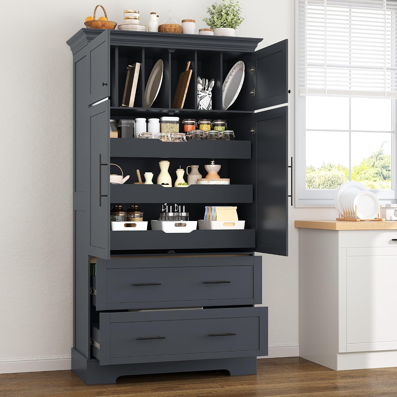 Freestanding Kitchen Pantry Storage Cabinet, 72.6''H Tall Wooden Kitchen Organizers with 2 Doors, Pull-Out Trays, 2 Drawers and Cake Pan Storage for Dining Room Living Room (Grey-1.12)