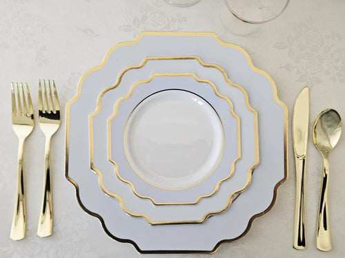 ' OCCASIONS ' 240 Plates Pack (120 Guests) Heavyweight Wedding Party Disposable Plastic Plates Set -120 x 10.5'' Dinner + 120 x 8'' Salad/Dessert Plate (Imperial in White/Blue & Gold)