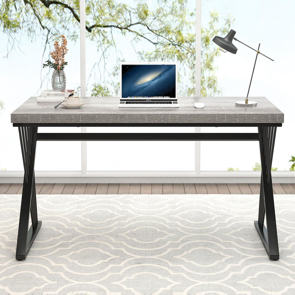 FOLUBAN Modern Desks, Rustic Wood and Metal Computer Desk for Home Office, Simple Study Writing Work PC Table for Bedroom Living Room, Light Grey, 47 Inch
