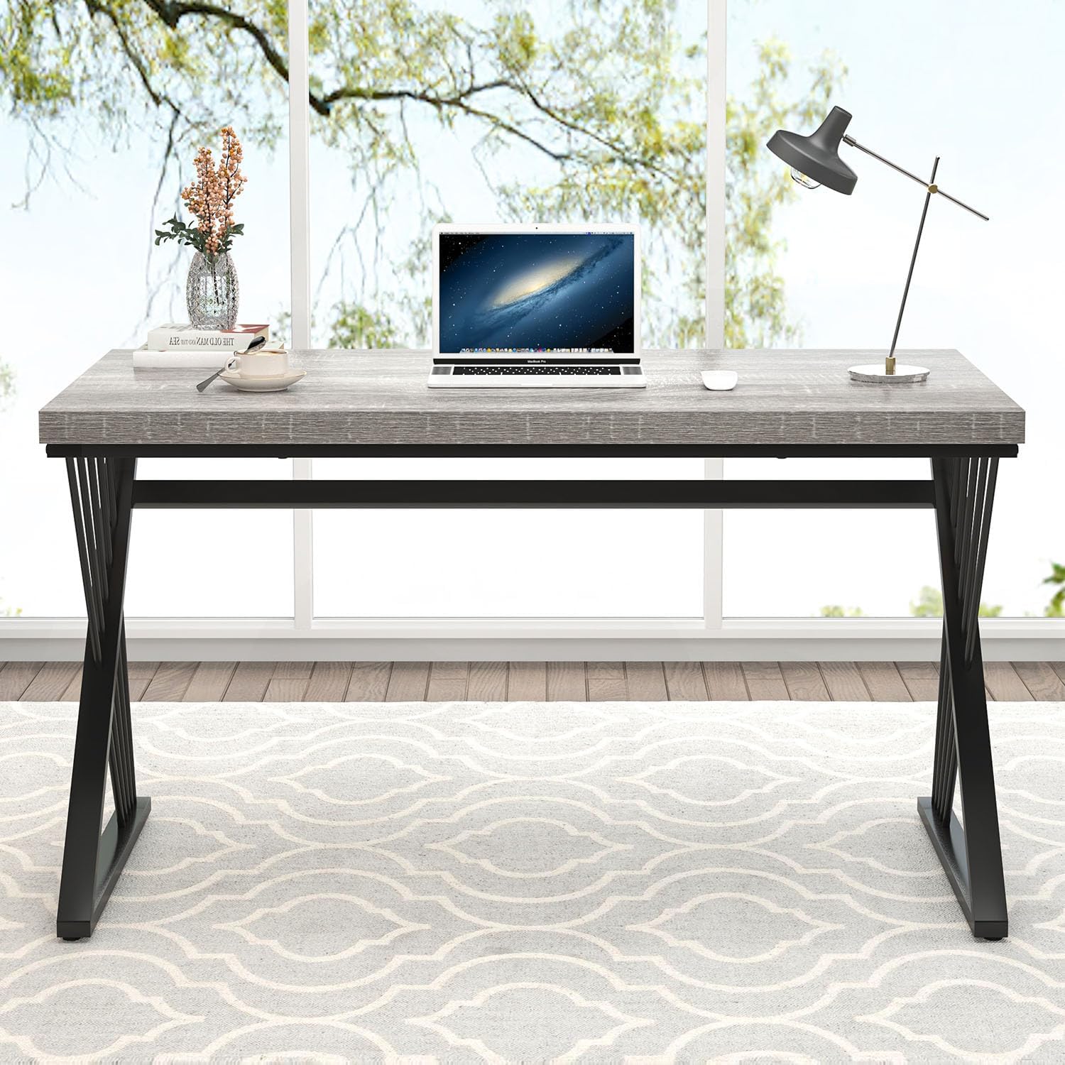 FOLUBAN Modern Desks, Rustic Wood and Metal Computer Desk for Home Office, Simple Study Writing Work PC Table for Bedroom Living Room, Light Grey, 47 Inch
