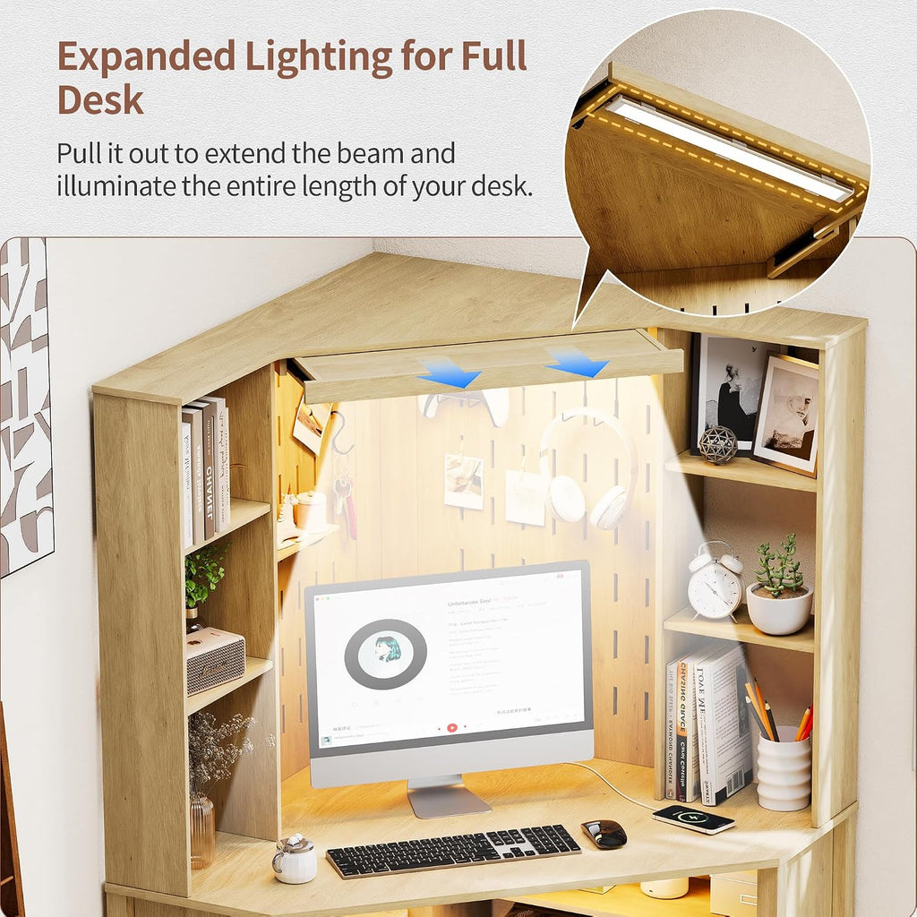 HNEBC Home Office Desk with Power Outlet & Chariging Station,L-Shaped Corner Desk with Pull-Out LED Lights,Computer Desk with Hutch & 10 Shelves,Pegboards for Work & Study,Natural