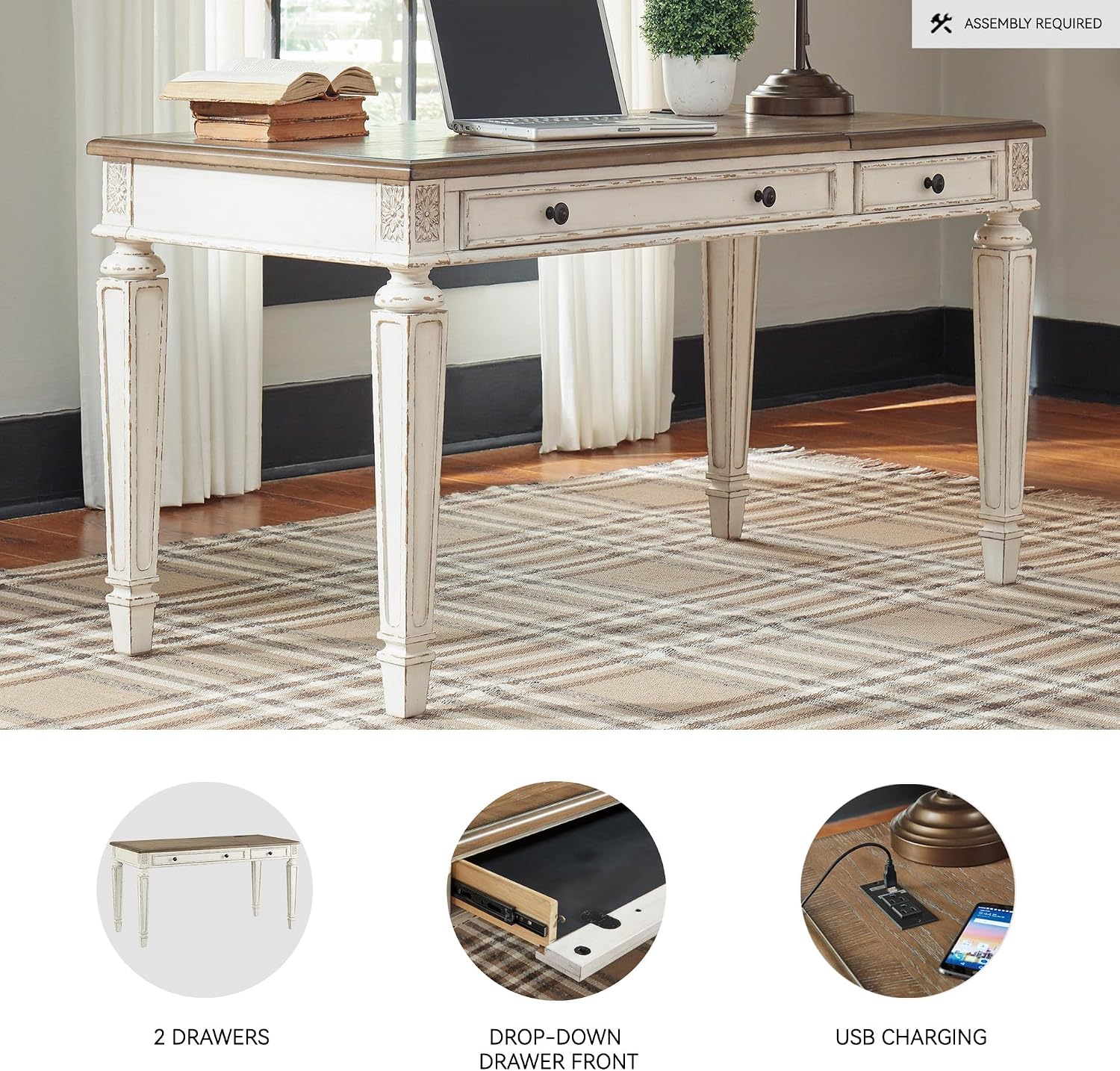 Signature Design by Ashley Realyn Home Office Lift Top Desk, USB Charging, Spring Lift Top, Smooth-gliding Drawer, 60' W x 28' D x 31' H, Chipped White and Brown