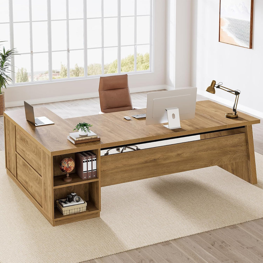 Tribesigns 78-Inch L-Shaped Executive Desk, Large Computer Desk with 2 Drawers and Storage Shelves, Business Furniture Workstation for Home & Office (Light Brown)
