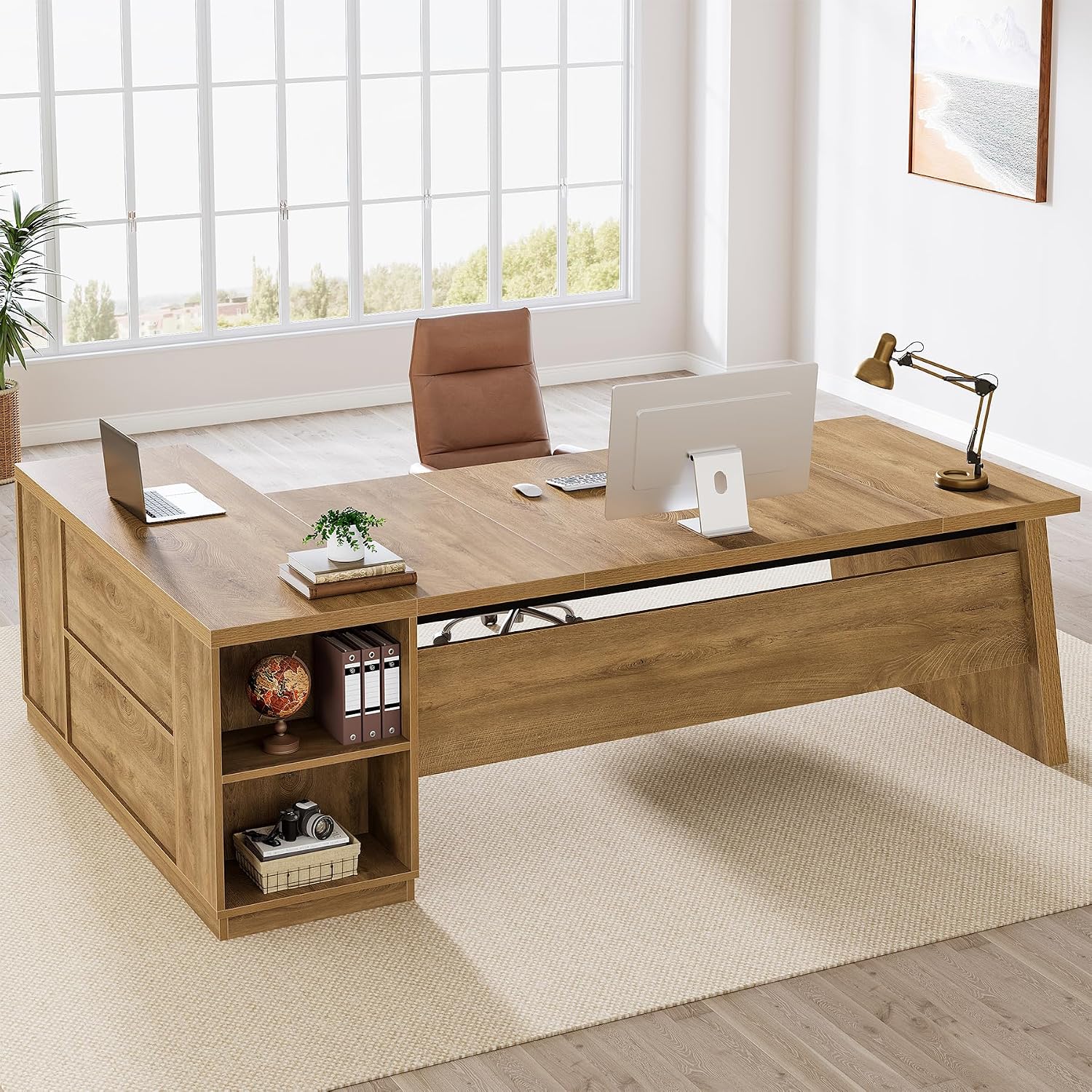 Tribesigns 78-Inch L-Shaped Executive Desk, Large Computer Desk with 2 Drawers and Storage Shelves, Business Furniture Workstation for Home & Office (Light Brown)