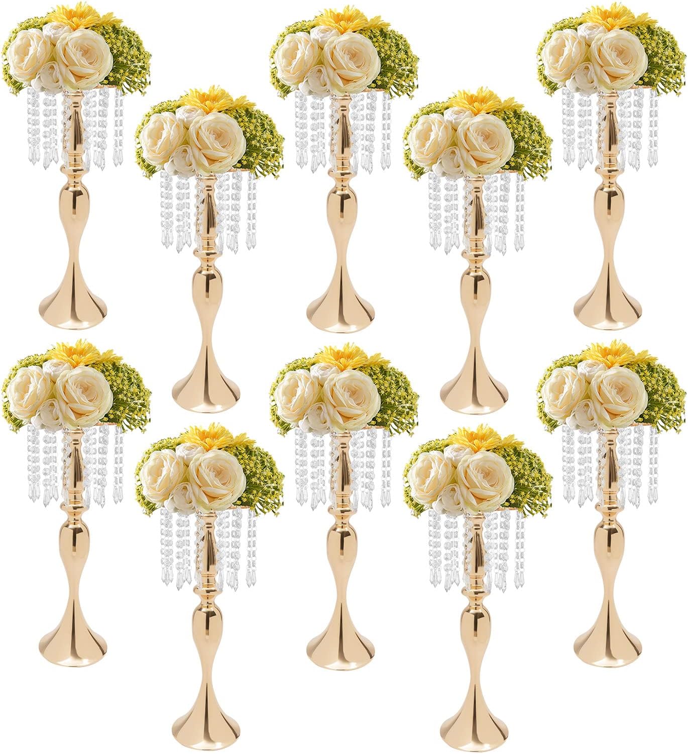 10PCS Crystal Flower Stand Wedding Centerpieces 21.3Inch Tall Gold Vases Metal Flower Candle Holder with Sparkling Crystal for Table Wedding Party Dinner Event Decor (Gold-6)