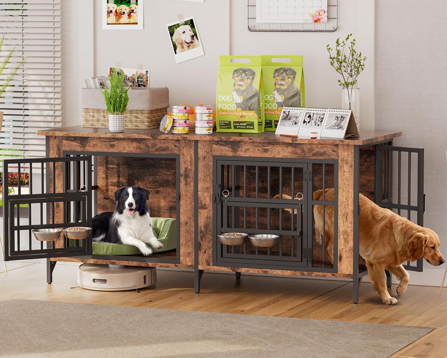 Grepatio 63' Double Dog Crate Furniture for 2 Dogs, Large Dog Kennel with 360° Rotating Feeder Bowls, Indoor Double Dogs Crates with 4 Doors, Wooden Crate TV Stand with Removable Divider