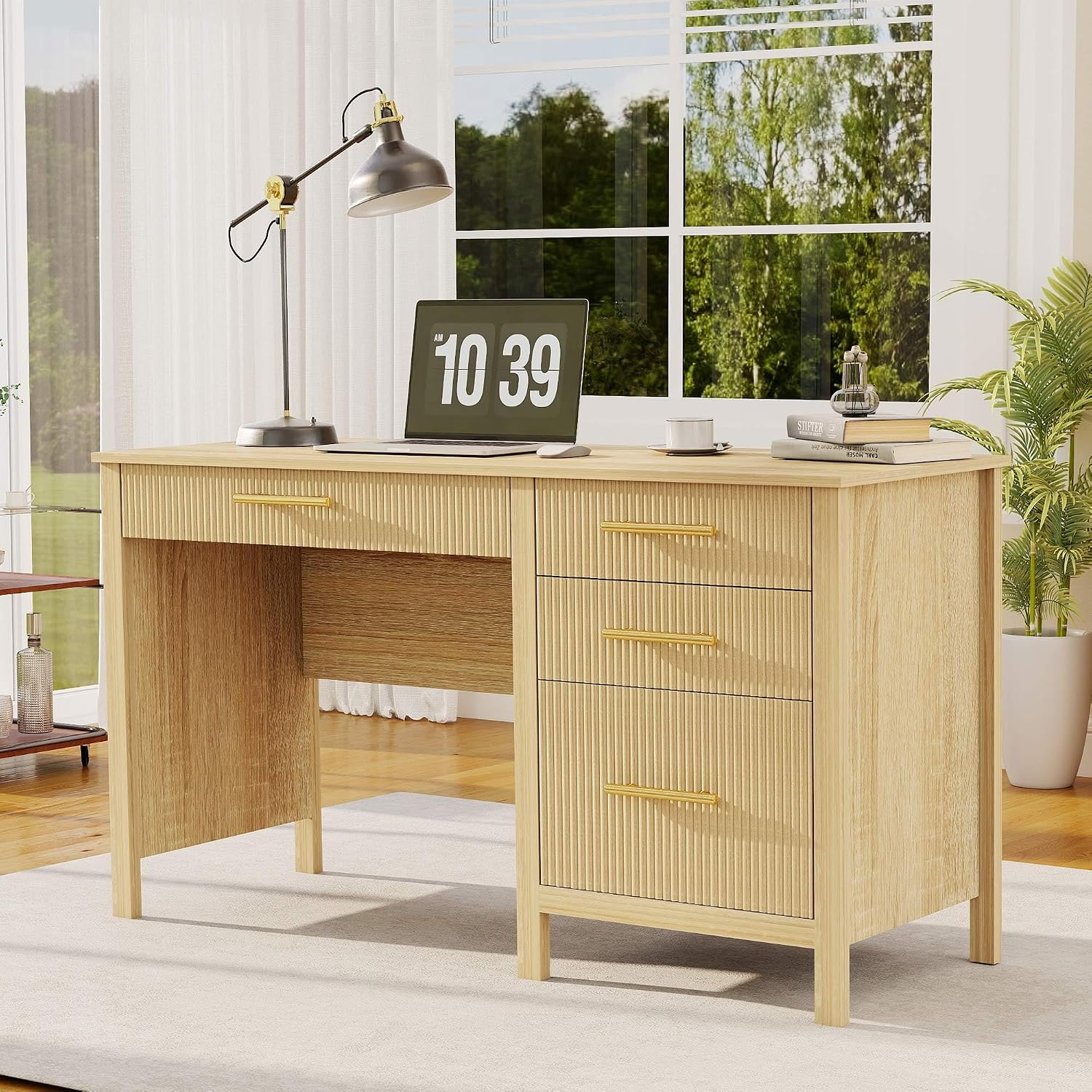 Modern Executive Desk with Drawers: 54' Oak Home Office Desks with File Drawers, Wood Fluted Computer Writing Desk for Work, Study, and Living Room (54')