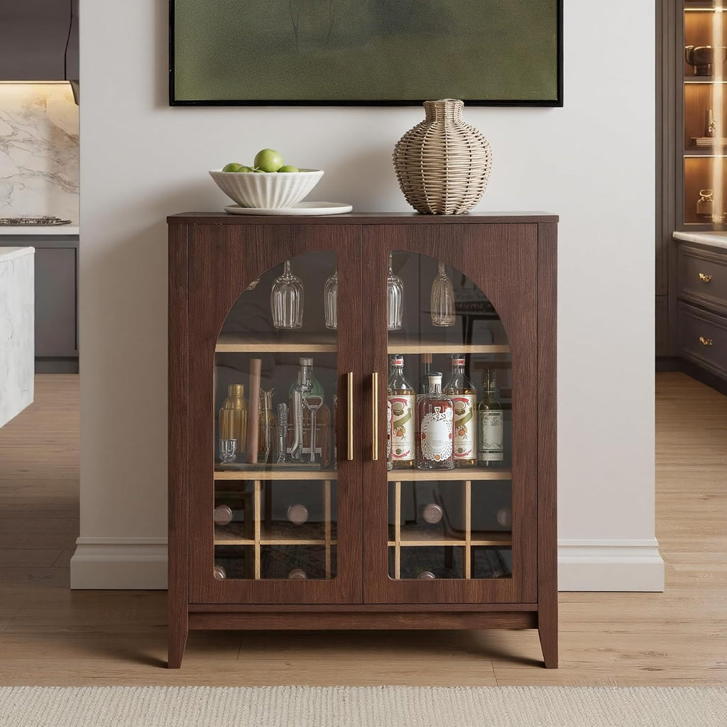 FORTUNETEC Wine Bar Cabinet with Glass Doors, 31.5' Liquor Cabinet with Wine and Glass Rack, Mid Century Modern Sideboard Buffet Cabinet with Storage for Living Room Kitchen Dining Room, Walnut