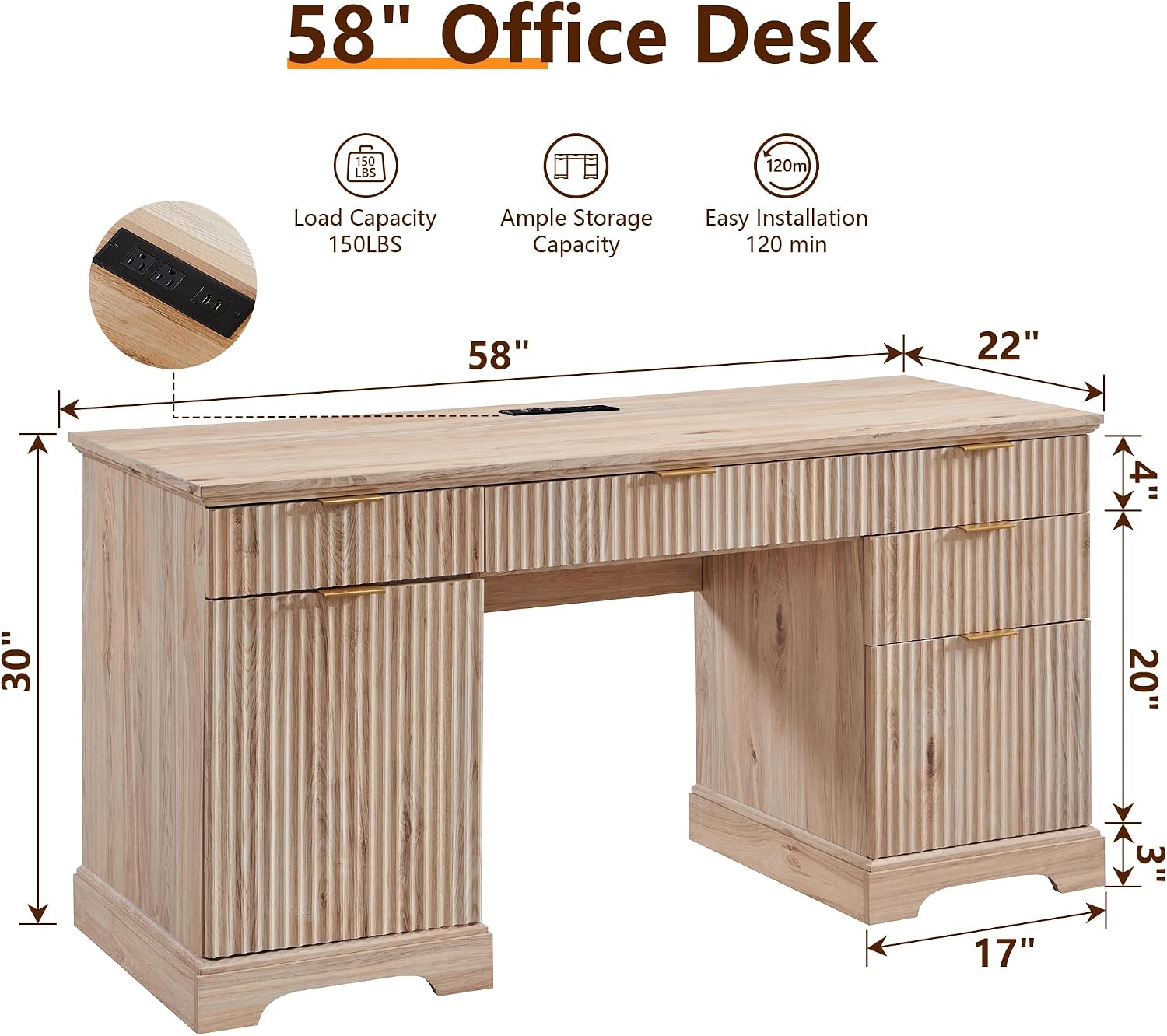 JXQTLINGMU 58' Modern Executive Desk with Storage, Wood Home Office Desk with 5 Drawers & 1 Cabinet, Fluted Computer Writing Desk for Study, Living Room, Bedroom, Oak