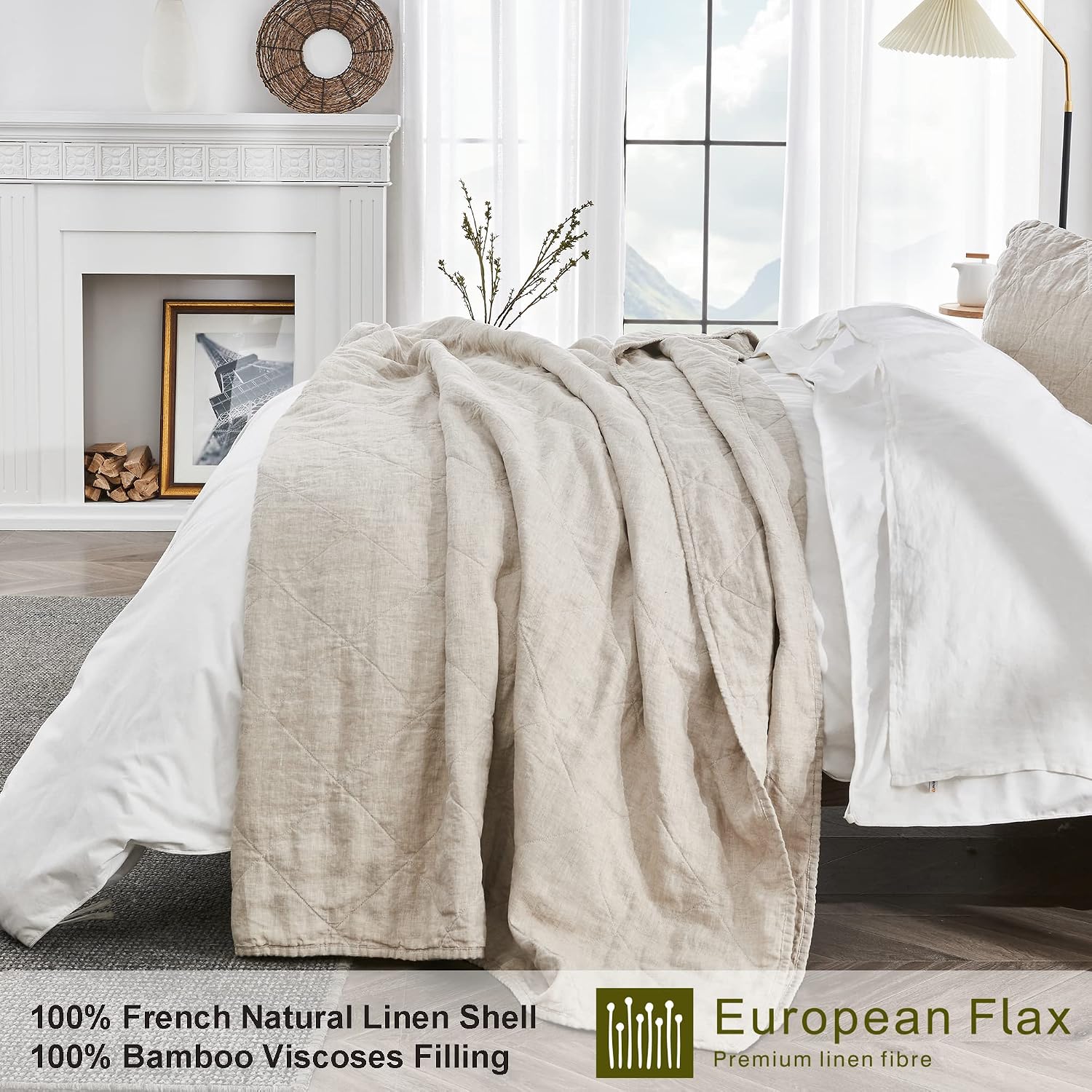 S VICTORY SYMBOL Linen Quilt Set Queen Size-3 Piece Bedding Quilt Coverlets,All Seasons Bedspreads,100% French Linen Shell and Viscoses from Bamboo Filling Quilted Coverlet(Includes 1 Quilt,2 Shams)