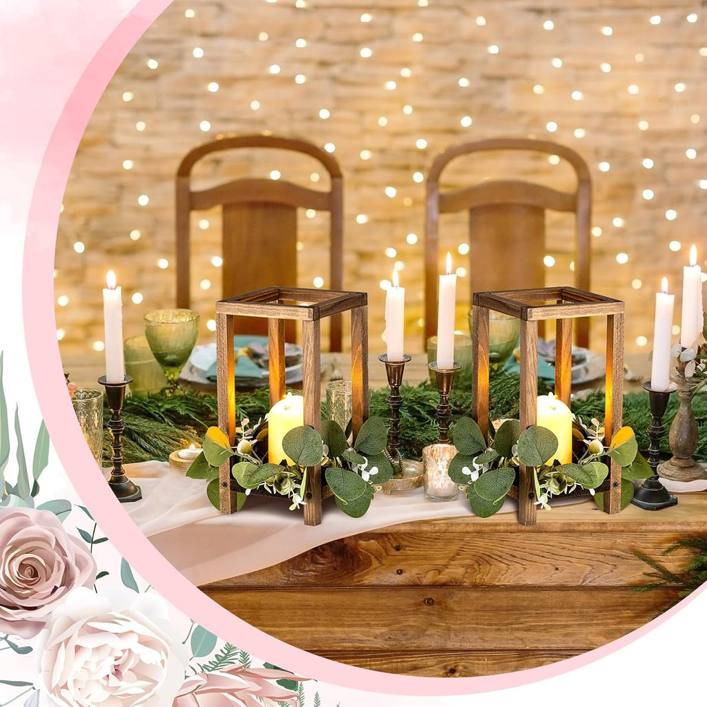 Geelin 12 Set 10.59'' Brown Wooden Lanterns for Wedding Centerpieces Include 12 Wooden Lantern 12 LED Candle 12 Eucalyptus Leaves Wreath for Wedding Baby Shower Farmhouse Rustic Table Decor