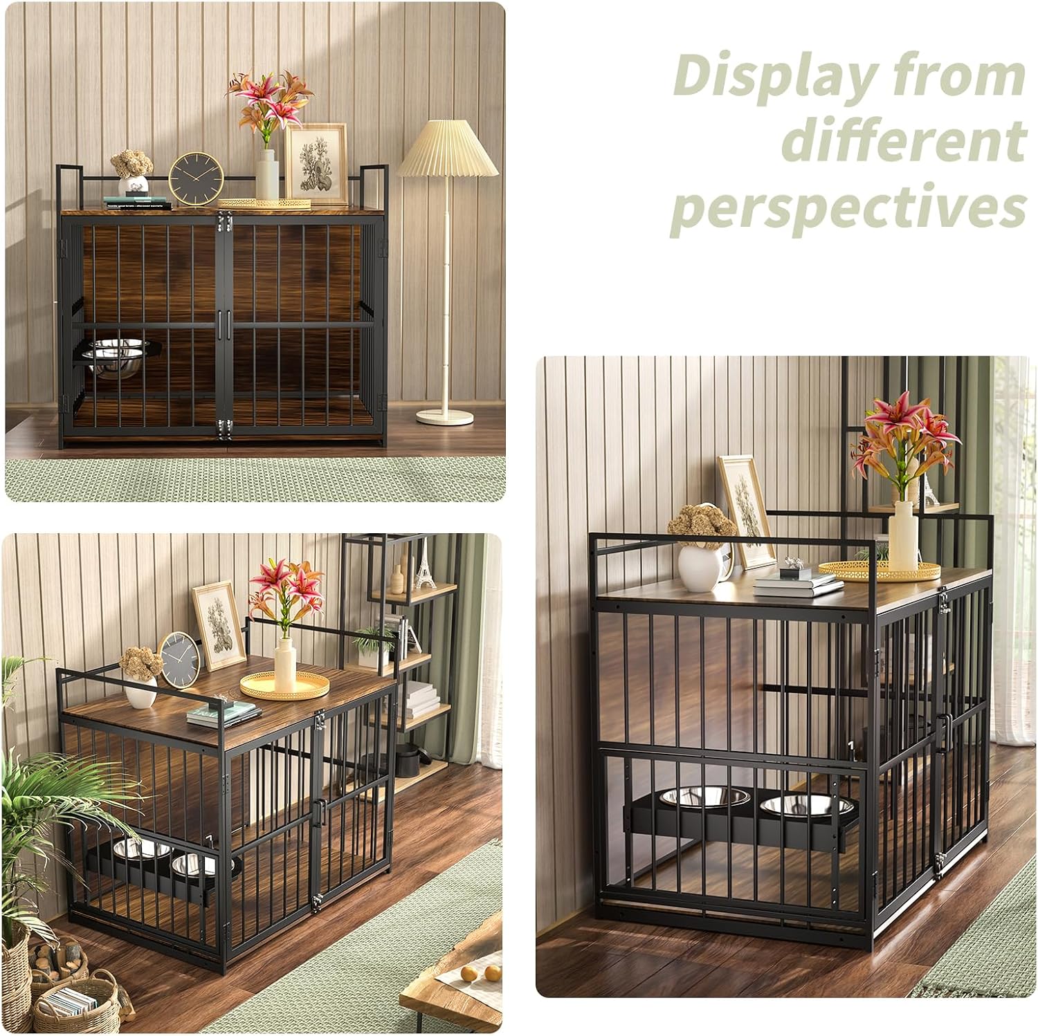 ROOMTEC Dog Crate Furniture-Style Cages for Large Dogs Indoor Heavy Duty Super Sturdy Dog Kennels with 2 Stainless Steel Bowls (48Inch = Int.dims: 46' W x 29' D x 35.5' H)
