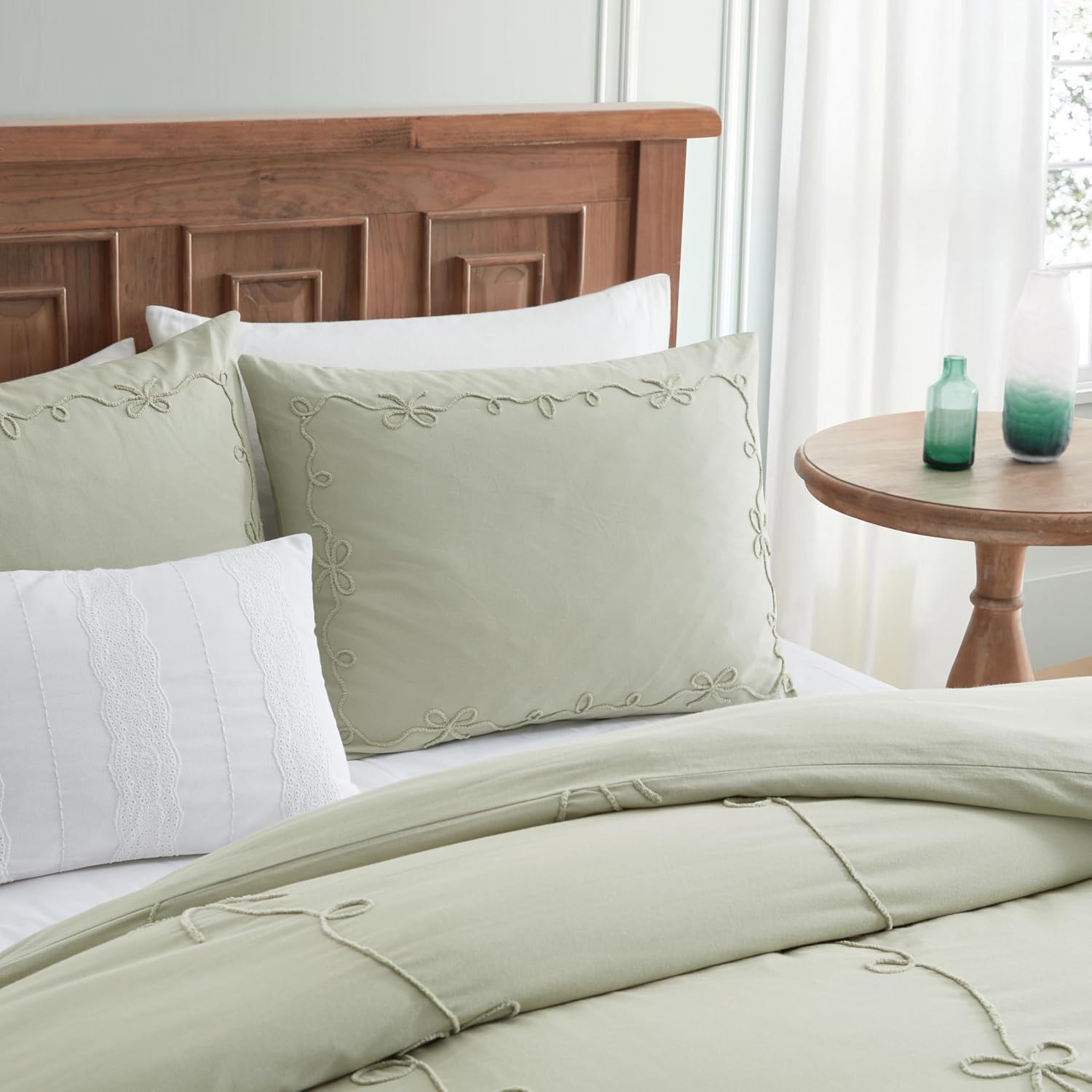 Peri Home Bows Duvet Cover Set 100% Cotton 3-Piece Bedding, Full/Queen, Green Sasha Bows