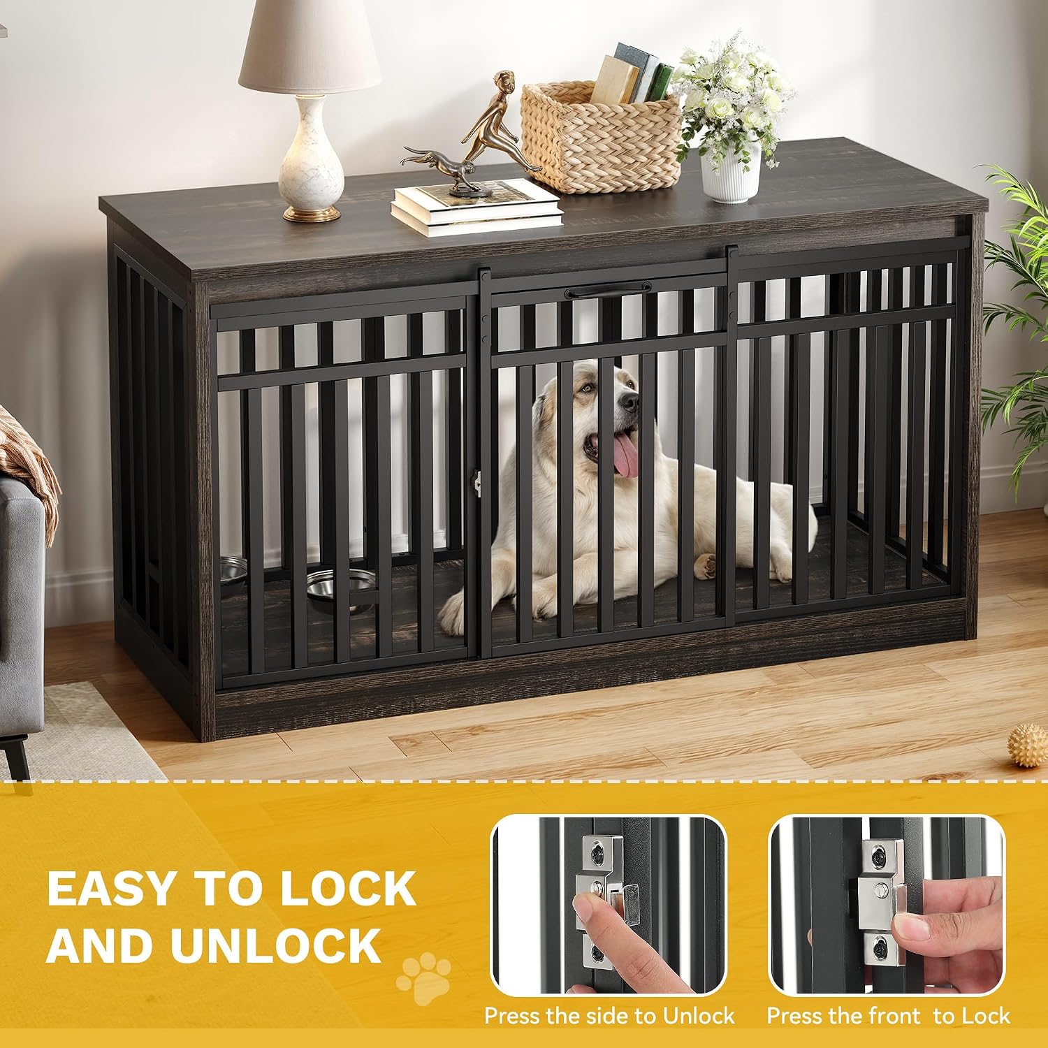 DWVO 55' Extra Large Dog Crate Furniture, Heavy Duty Metal Dog Kennel TV Stand with Sliding Door, Wooden Dog Cage Table with Dog Bowl for Extra Large Medium Dogs or 2 Small Dogs Black Oak