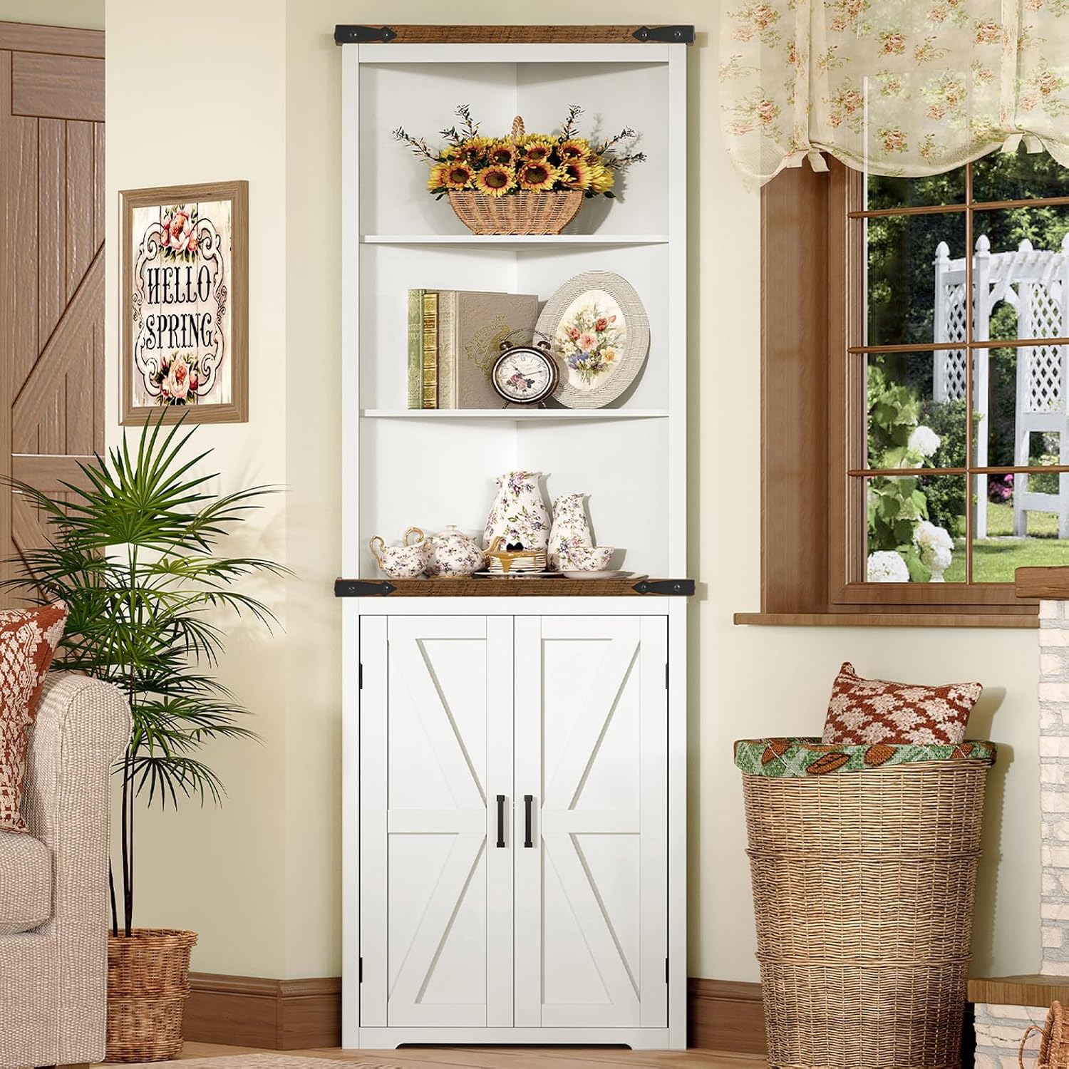 TEENFON Farmhouse Corner Cabinet, 70' H Tall Corner Hutch with 5 Shelves & 2 Barn Doors, Bathroom Cabinet with Adjustable Shelf, for Living Room, Kitchen, Bathroom, White
