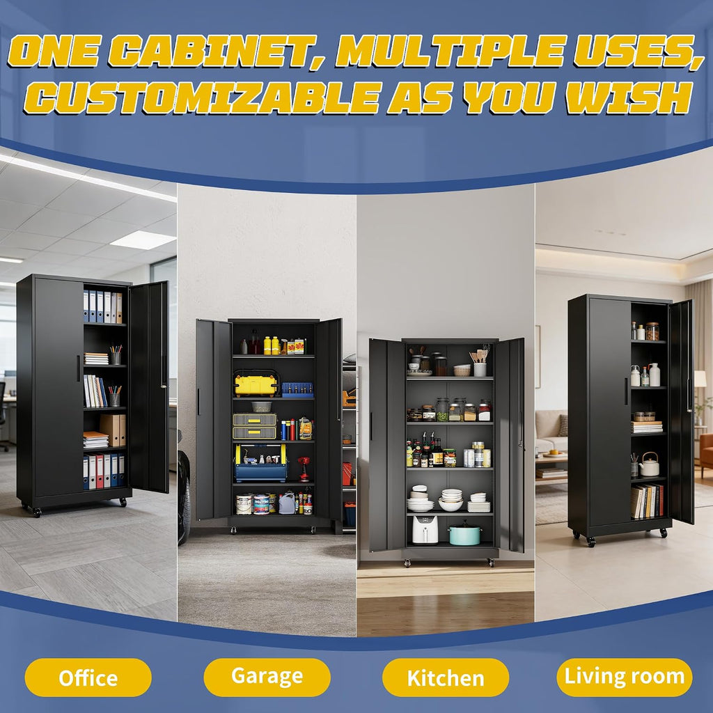 Metal Storage Cabinet with Doors and Adjustable Shelves, 73' Steel Garage Storage Cabinets with Wheels, Locking Tool Cabinet Utility Cabinets for Garage,Bathroom,Kitchen,Home Office,School