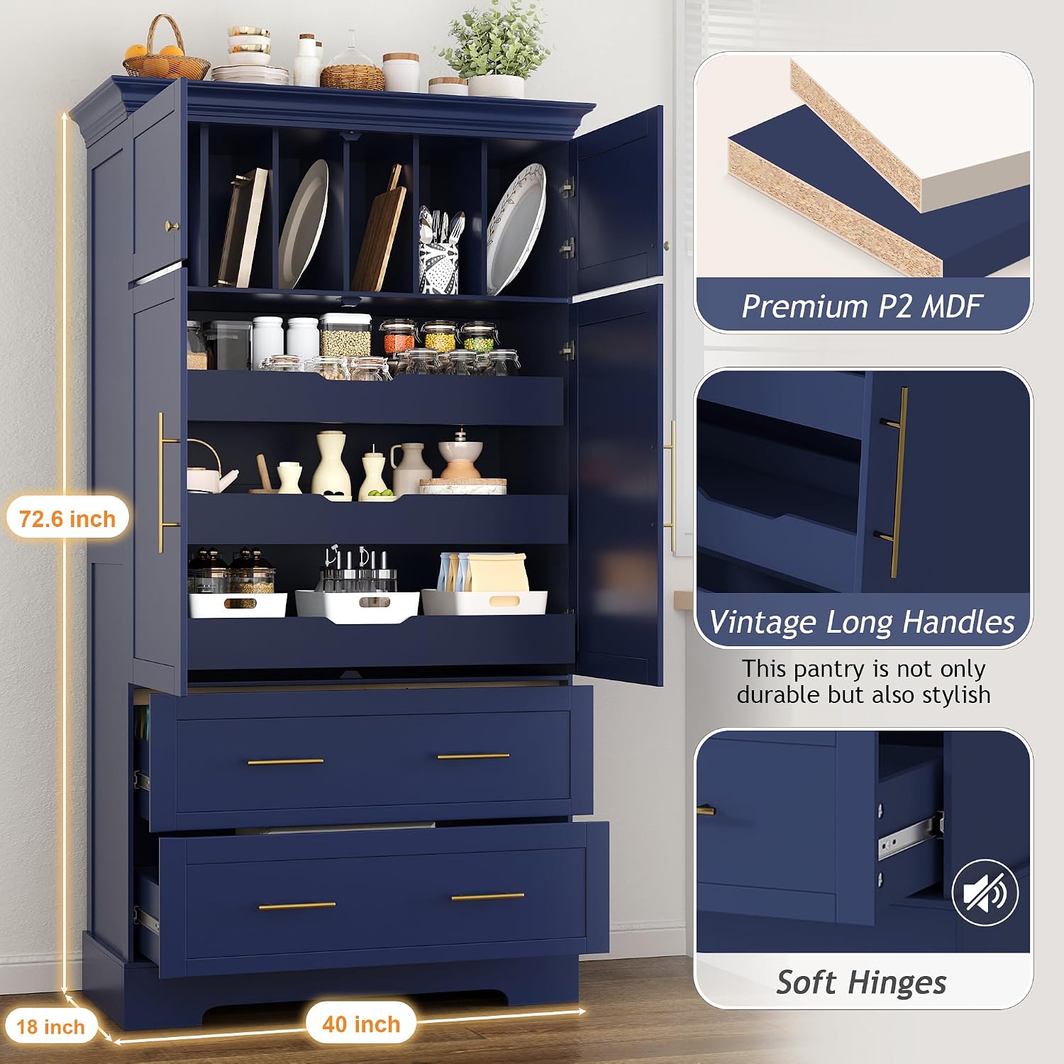 Freestanding Kitchen Pantry Storage Cabinet, 72.6''H Tall Wooden Kitchen Organizers with 2 Doors, Pull-Out Trays, 2 Drawers and Cake Pan Storage for Dining Room Living Room (Blue-1.12)
