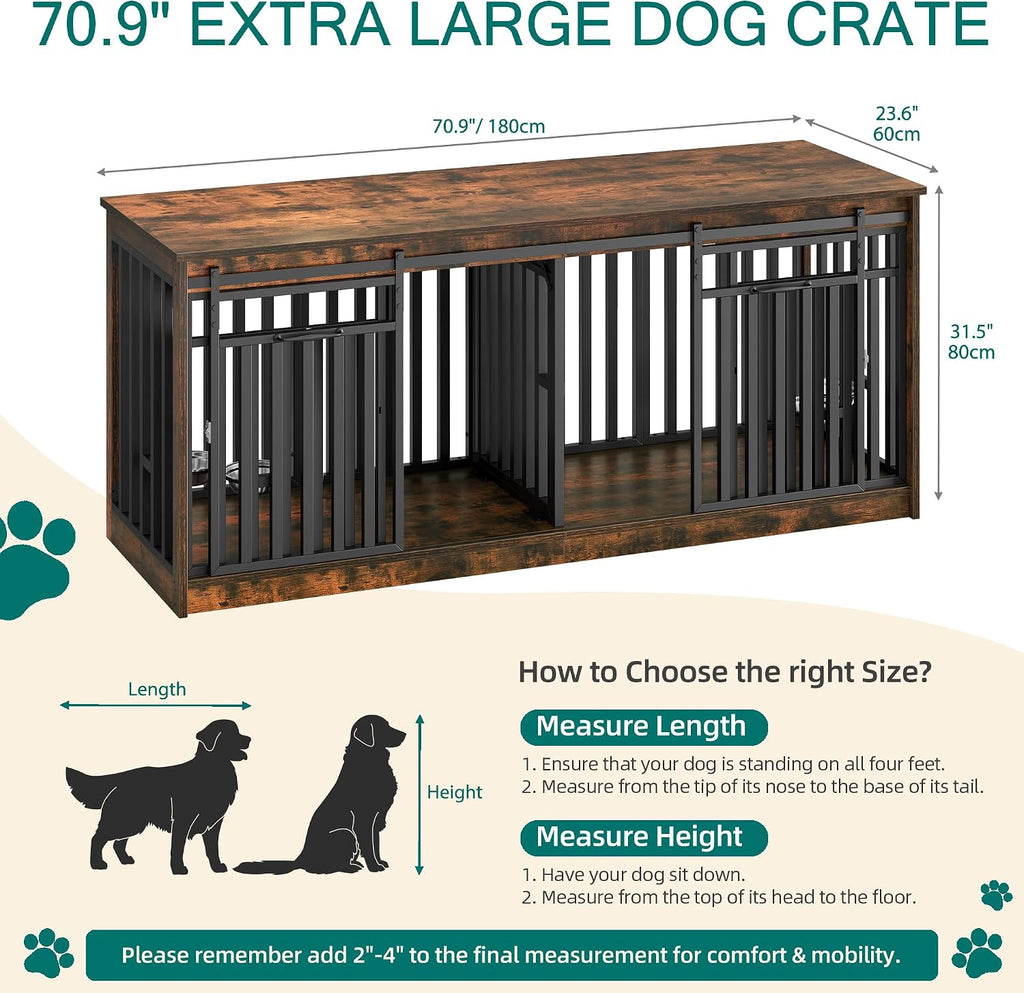 YITAHOME 71' Double Dog Crate Furniture with 4 Dog Bowls, Heavy Duty Wooden Dog Crate TV Stand, Dog Kennel Indoor Furniture Sliding Barn Door Design for Extra Large Dogs, Rustic Brown