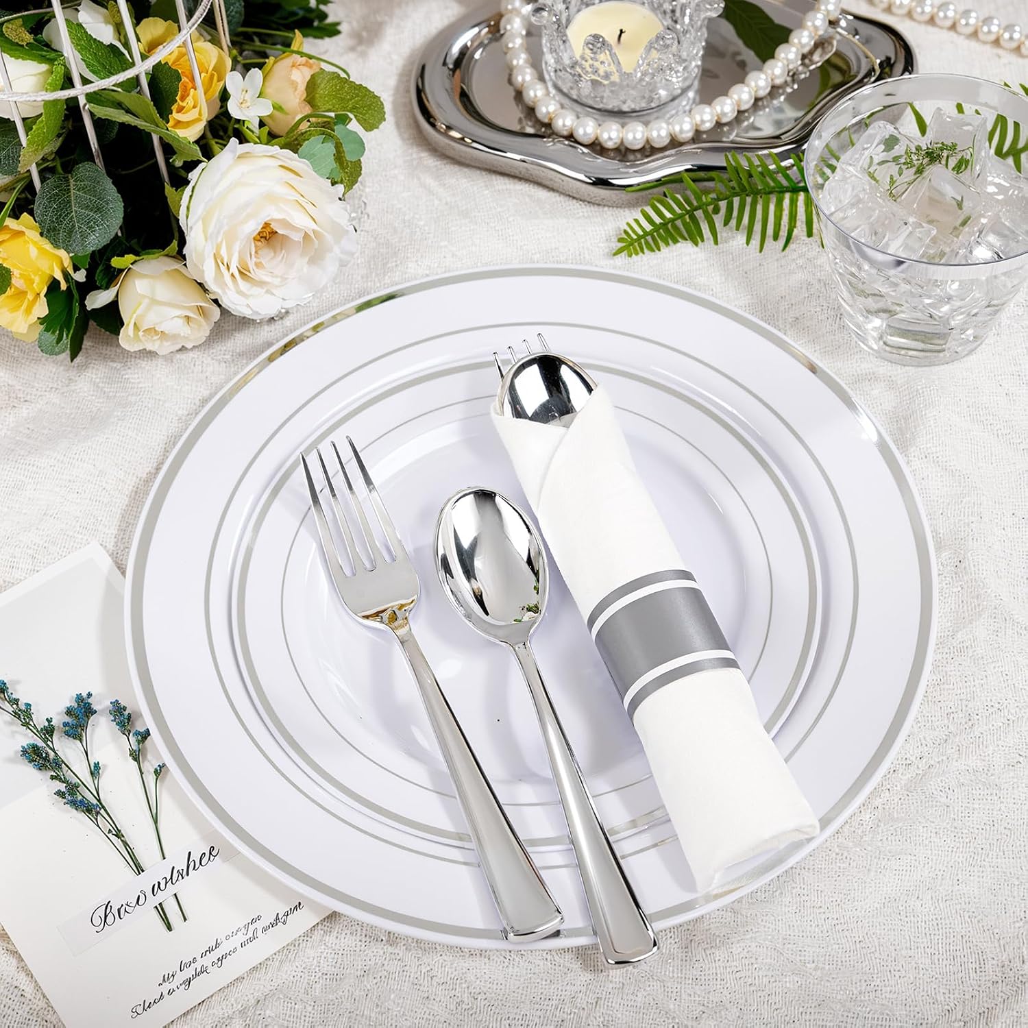 WELLIFE 700 Pcs Silver Plastic Plates for 100 Guests -Party Supplies Includes 200 Silver Plates,300 Plastic Silverware,100 Napkins,100 Cups for Party and Wedding