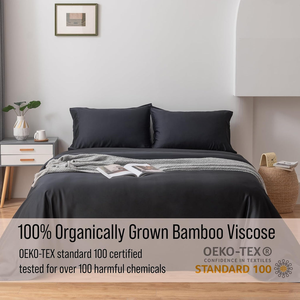 Bella Coterie Luxury Bamboo Viscose Queen Size Sheet Set | 100% Organically Grown | Ultra Soft | Cooling for Hot Sleepers | 18' Deep Pocket [Black]