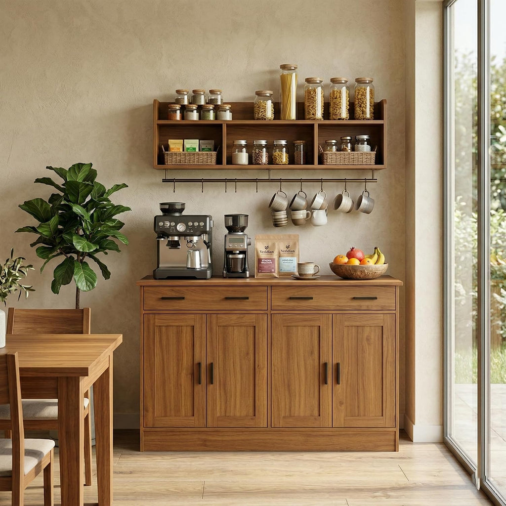 Anystyle 53' Rustic Brown Buffet Cabinet with Storage, Kitchen Sideboard Buffet Server with 2 Drawers & 4 Doors, Modern Coffee Bar Cabinet Credenza for Dining Room, Living Room, Hallway