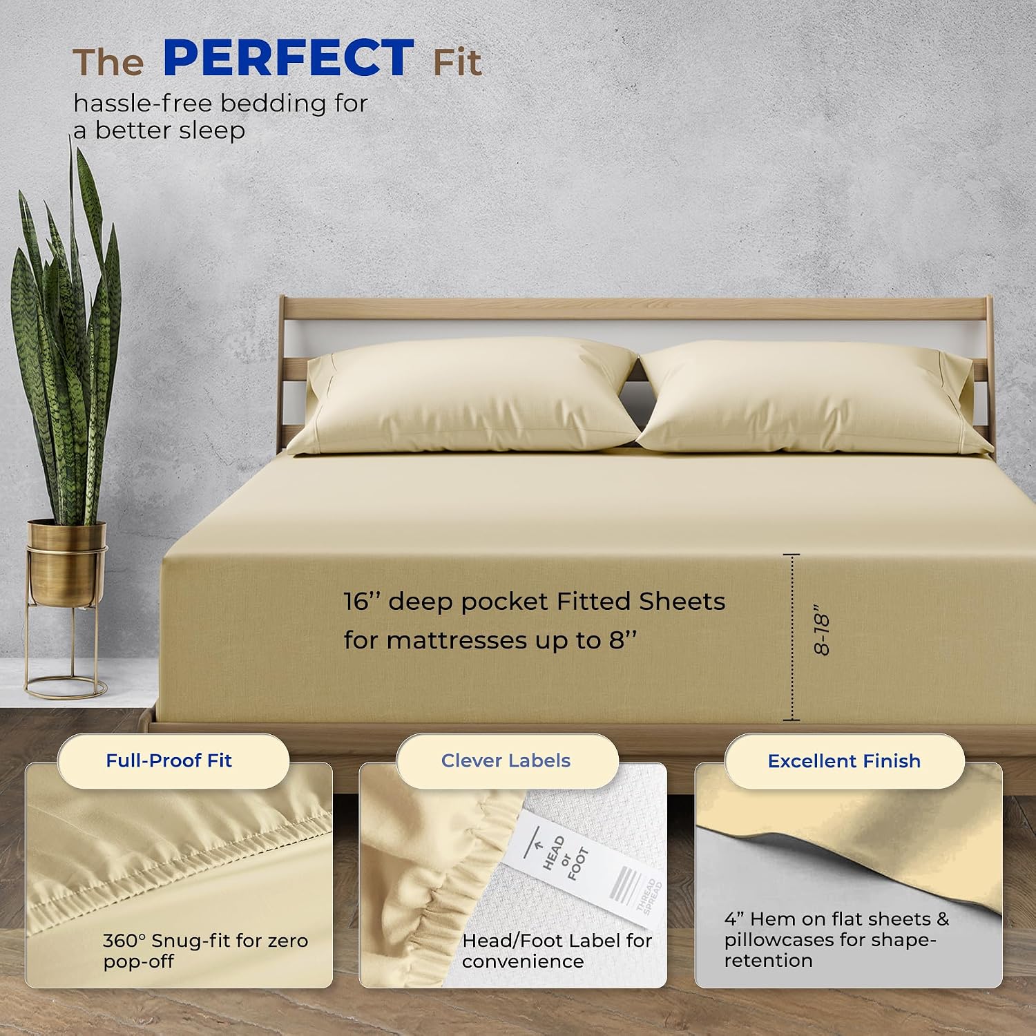 THREAD SPREAD Queen Sheet Set, Luxury 1000 Series Paradise Collection 100% Egyptian Cotton Bed Sheets Queen Size (6 PC, Sand), Silky Soft, Cooling, Sateen Weave, 16' Deep Pocket Hotel Sheet Set
