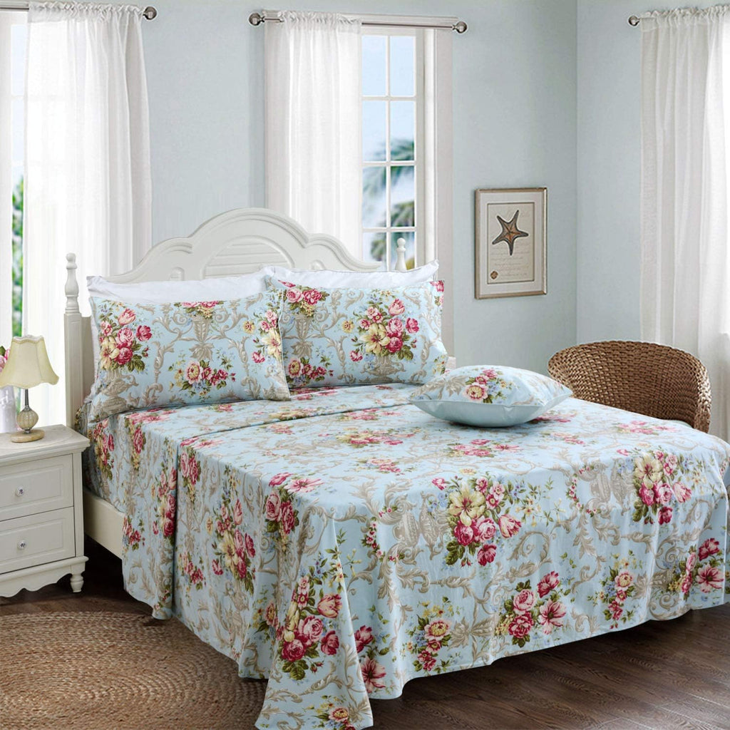 FADFAY Shabby Floral Bedding Elegant Peony Sheets Set Luxury Bedding Collections 100% Egyptian Cotton Deep Pocket, 4 Piece-King Size
