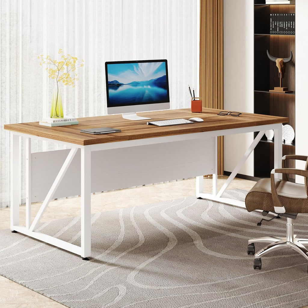 Tribesigns 63 inches Computer Desk with Bottom Storage Shelf Home Office Desk Writing Table for Workstation,Dark Walnut + Steel Leg， Cabinet not Included (Beige, 63-inch)